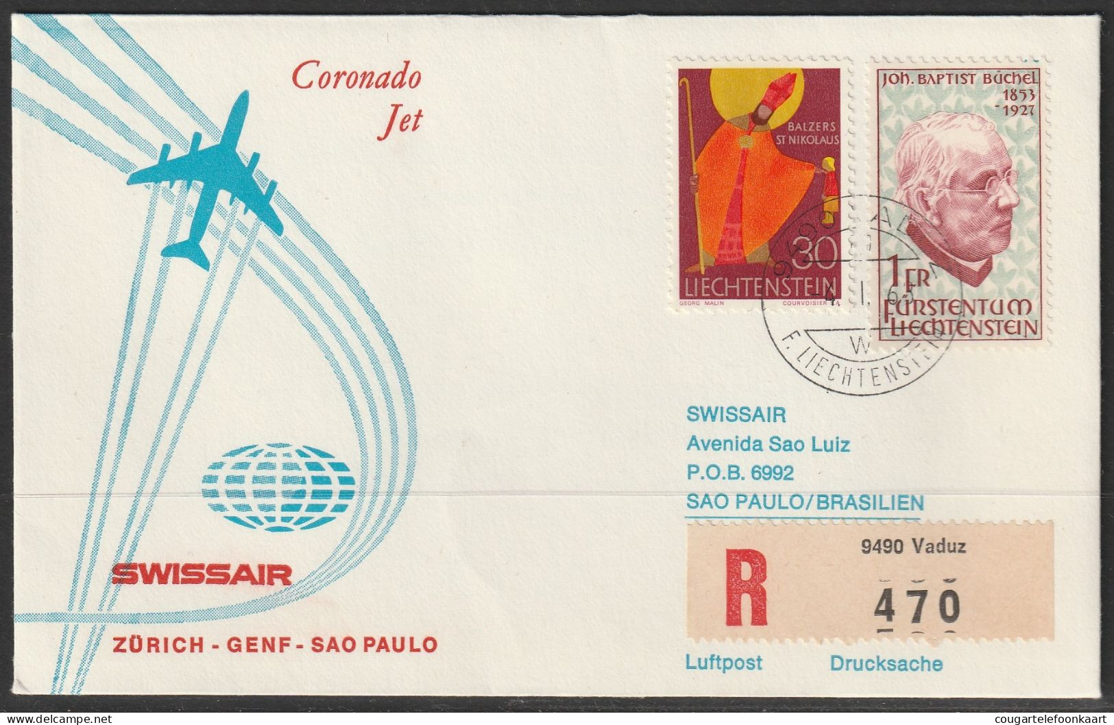 1968, Swissair, Erstflug, Liechtenstein - Sao Paulo Brasil - Luftpost
