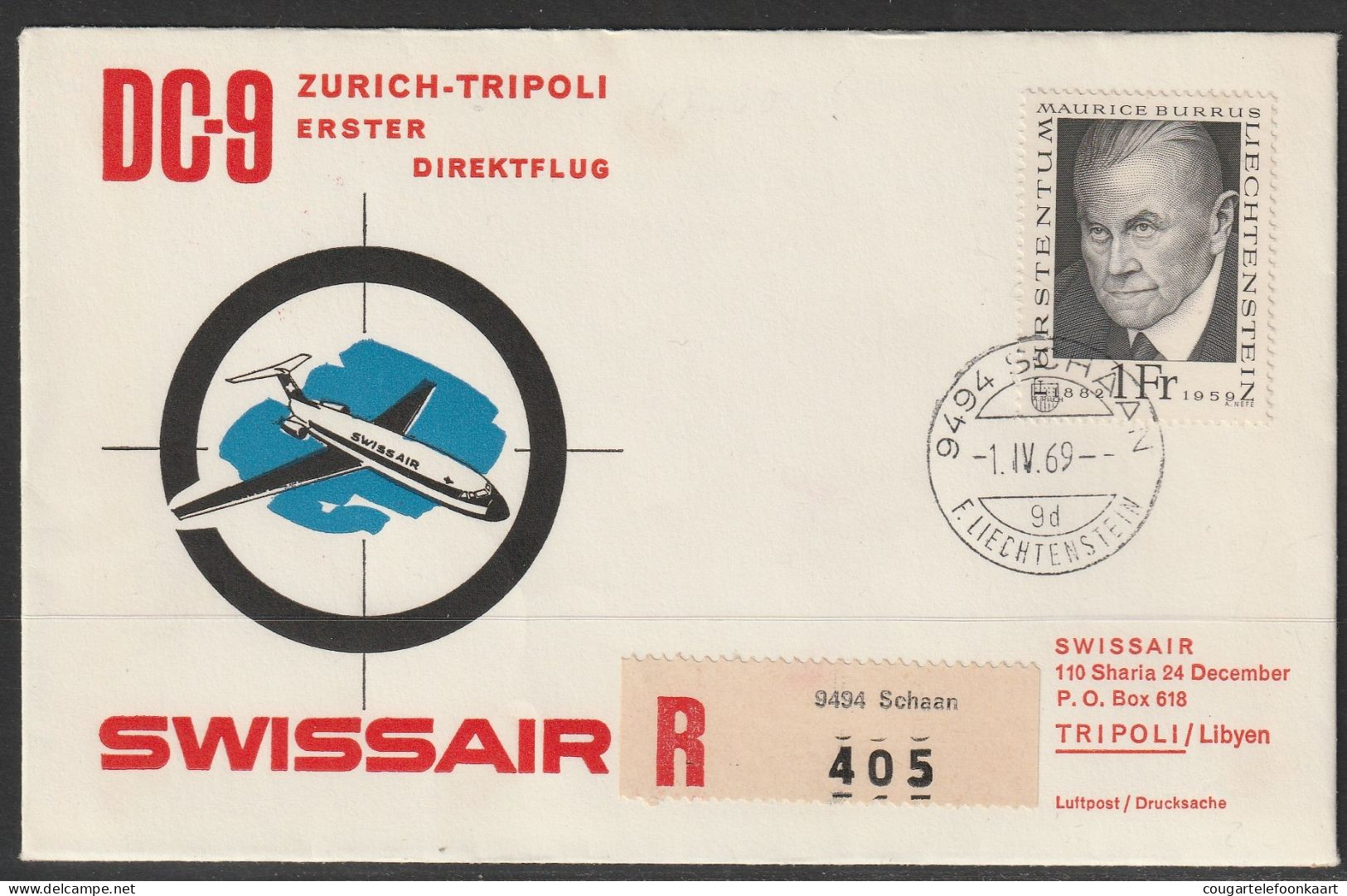 1969, Swissair, Erstflug, Liechtenstein - Tripoli Libya - Luchtpostzegels