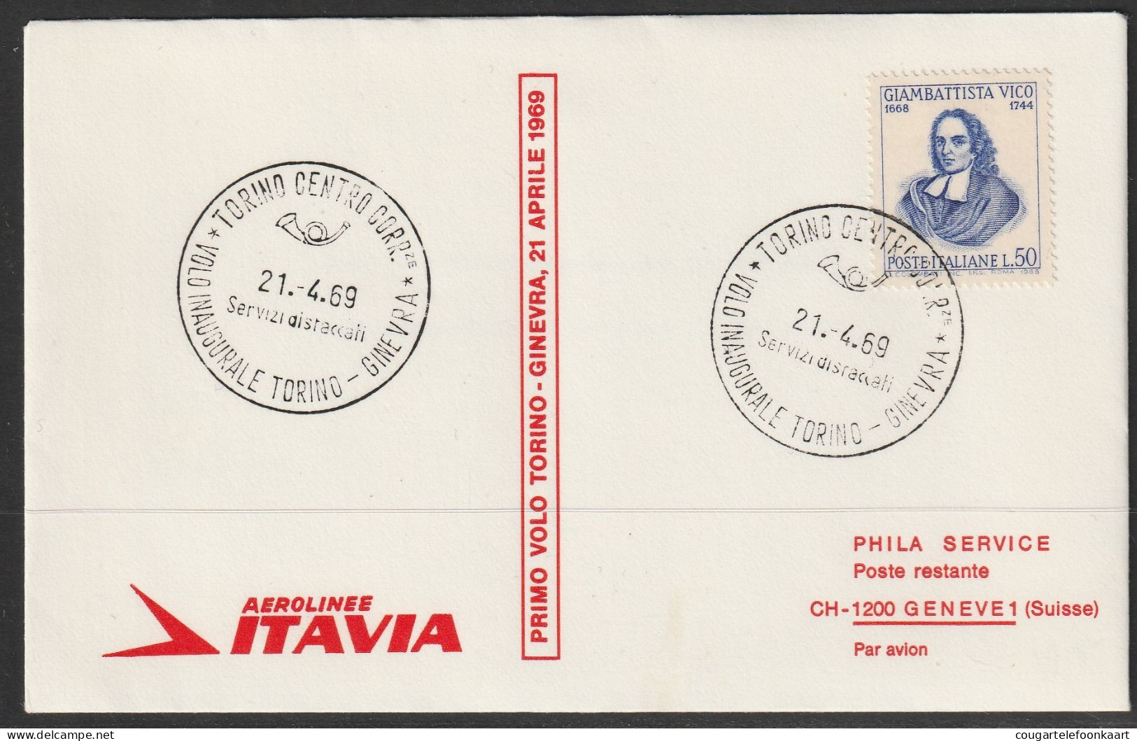 1969, Alitalia, Erstflug, Torino - Genf - Poste Aérienne