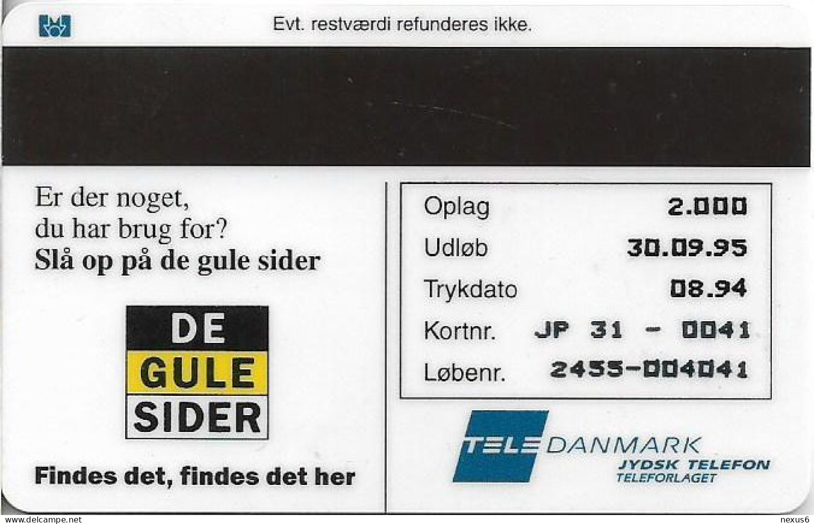 Denmark - Jydsk - Yellow Pages - TDJP031 - 08.1994, 2.000ex, (Serial 2455) 10kr, Used - Denmark