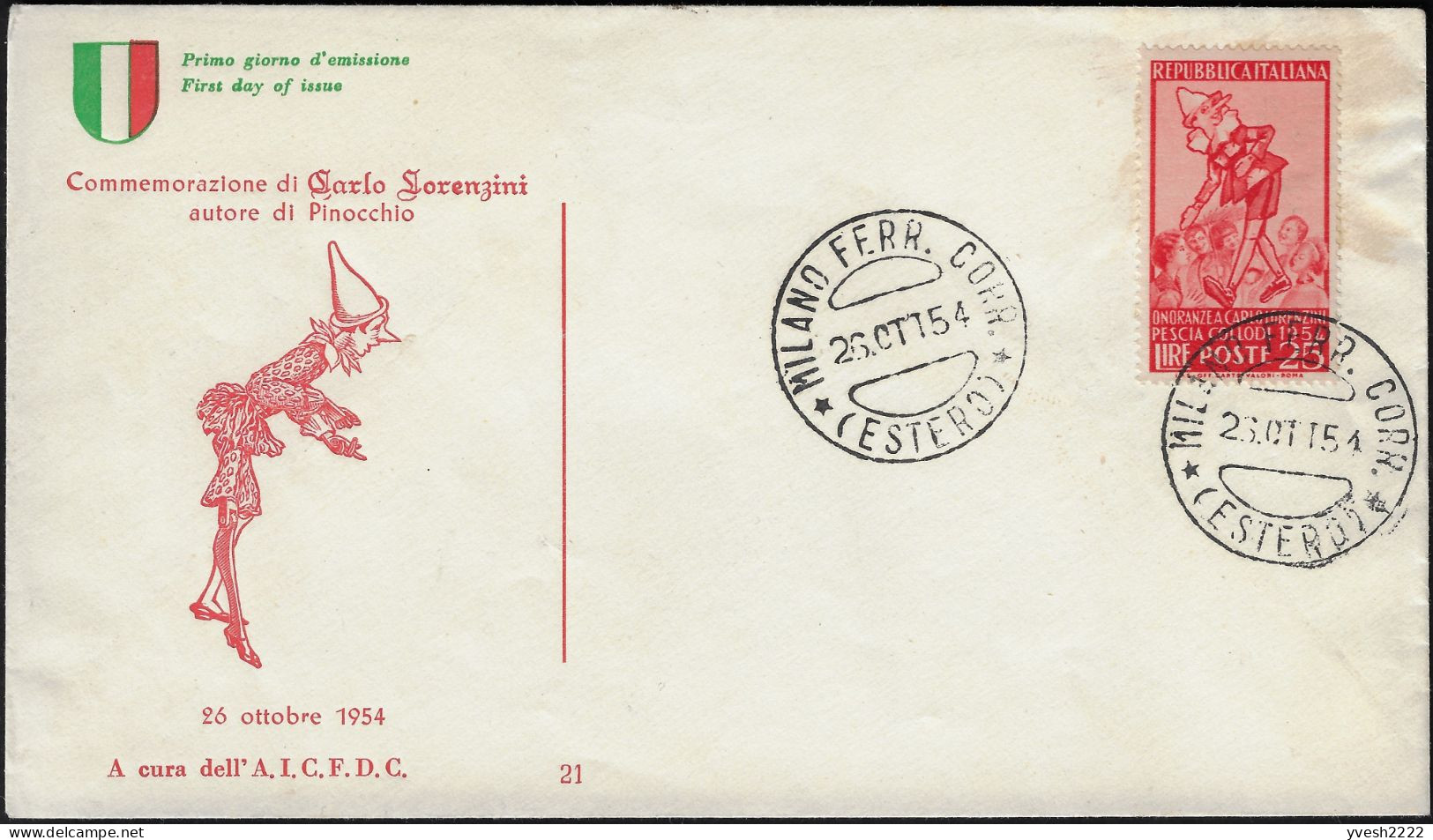 Italie 1954 Y&T 683 Sur FDC. Carlo Lorenzini Dit Collodi, Auteur De Pinocchio. Finocchio Célèbre Marionnette Italienne - Marionnettes