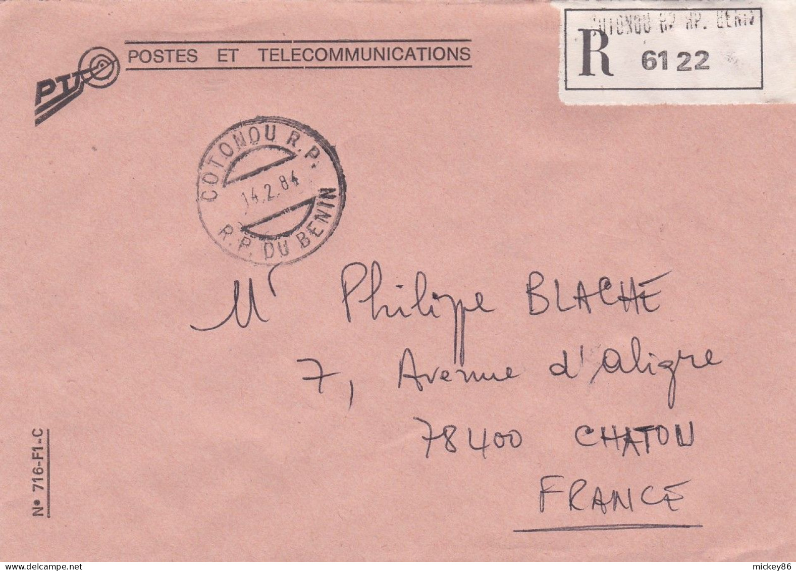 BENIN-1984-Lettre Recommandée En Franchise Postale De COTONOU R.P  Pour CHATOU-78 (France)....Beau Cachet - Bénin – Dahomey (1960-...)