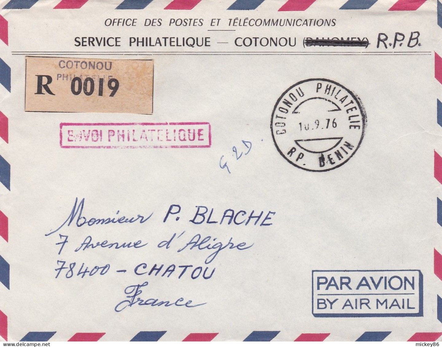 BENIN-1976-Lettre Recommandée En Franchise Postale De COTONOU Philatélie  Pour CHATOU-78 (France)......beau Cachet - Benin - Dahomey (1960-...)