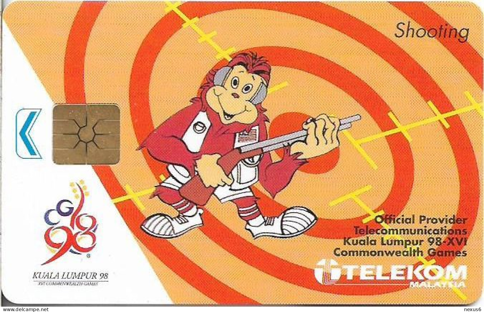 Malaysia - Telekom Malaysia (chip) - Kuala Lumpur '98 - Shooting, Chip Gem1B Not Symm. White/Gold, 1998, 5RM, Used - Malasia