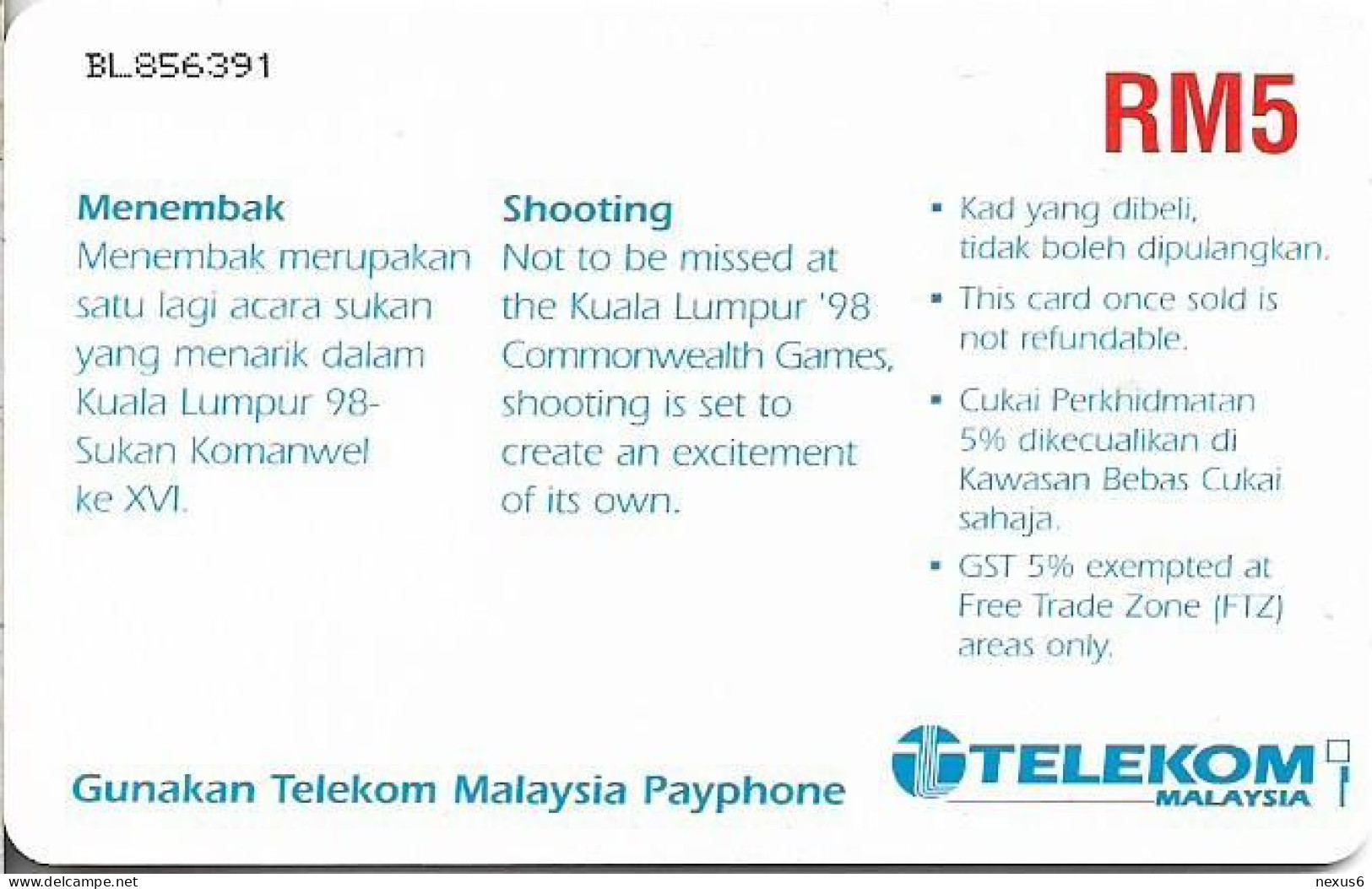 Malaysia - Telekom Malaysia (chip) - Kuala Lumpur '98 - Shooting, Chip Gem1B Not Symm. White/Gold, 1998, 5RM, Used - Malaysia