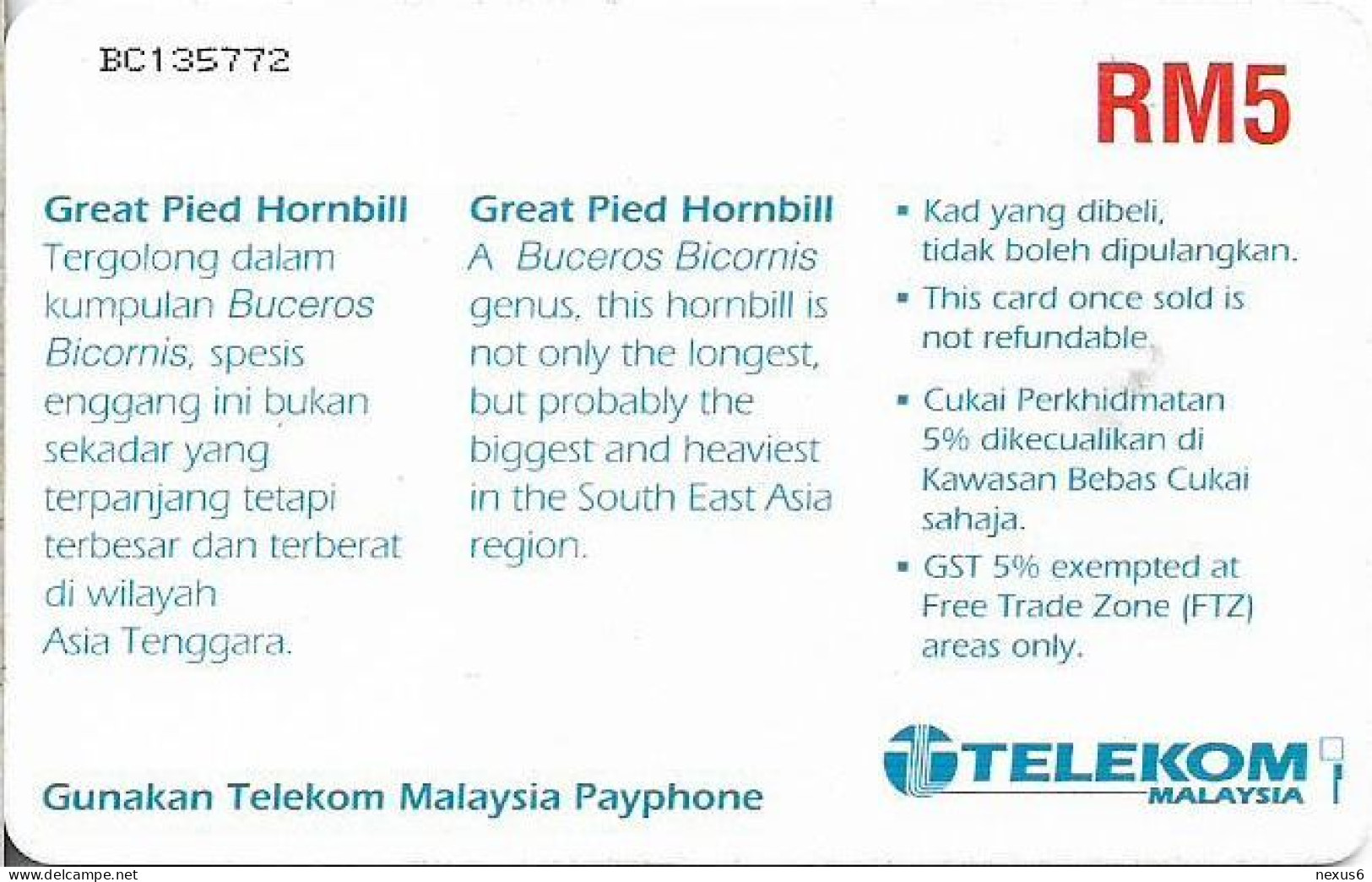Malaysia - Telekom Malaysia (chip) - Birds - Great Pied Hornbill, Chip Gem2 Red, 5RM, Used - Malaysia