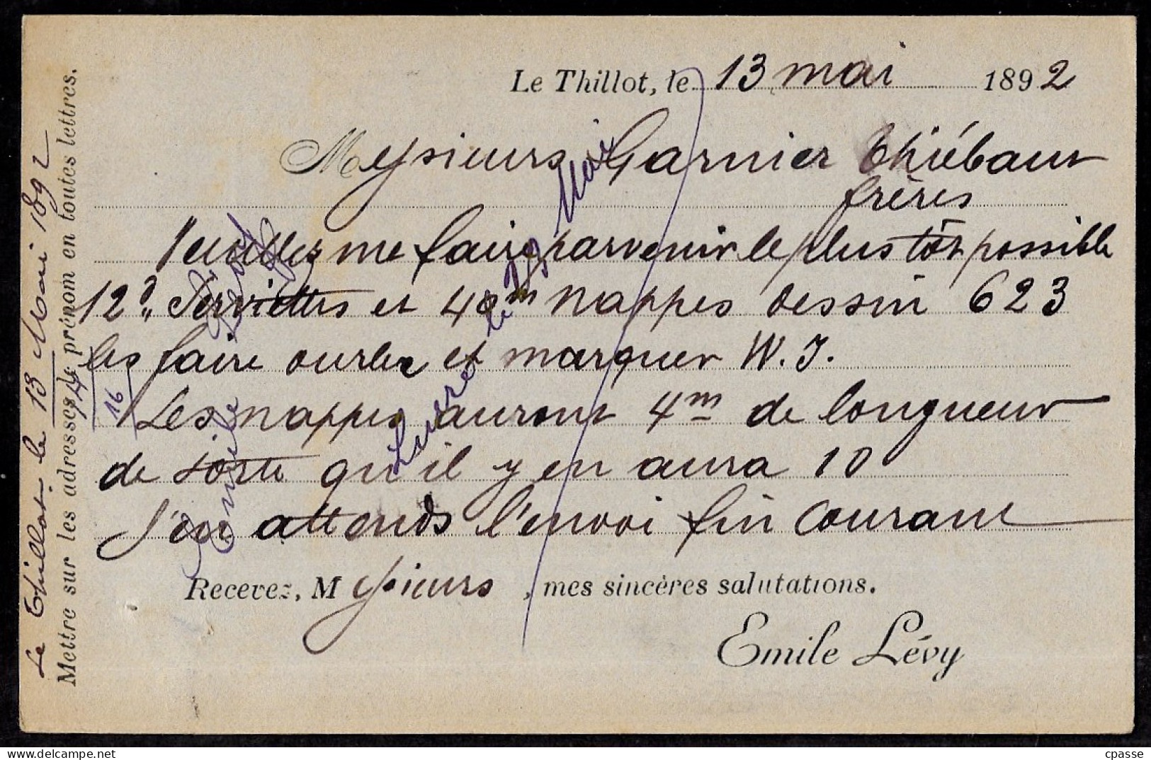 1892 CPA Carte Postale Commerciale EMILE LEVY 88 LE THILLOT Vosges Vers GARNIER THIEBAUT Frères à GERARDMER - Le Thillot
