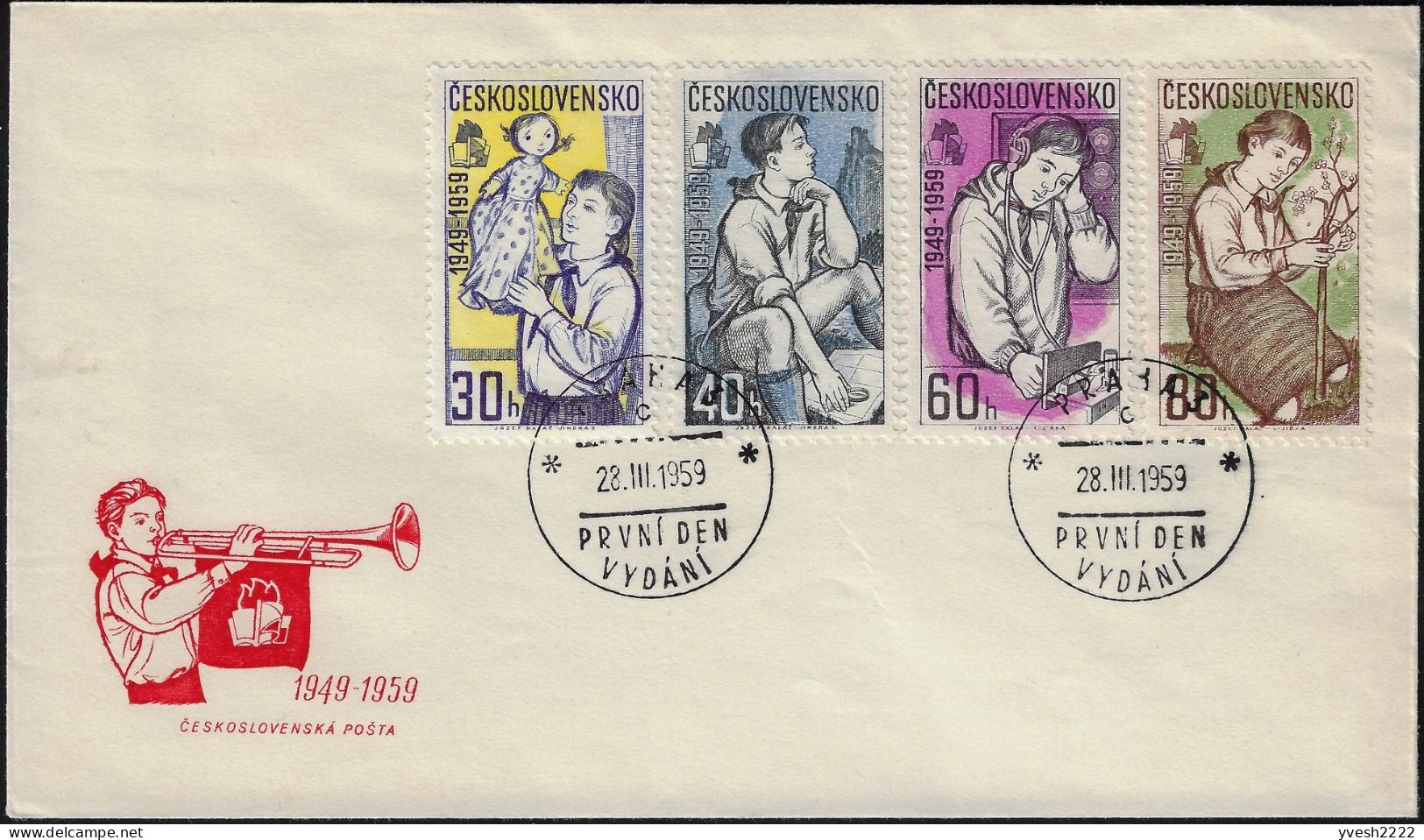 Tchécoslovaquie 1959 Sur FDC. Organisation Des Jeunes Pionniers. Pionnière Et Marionnette, En  Voyage, Radio, Arbuste - Marionetten