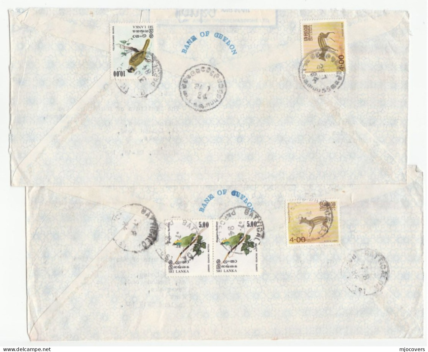 2x Registered 1984 BANK Of CEYLON Sri Lanka COVERS  Bird Deer Stamps Air Mail To GB Reg Label Cover - Sri Lanka (Ceylon) (1948-...)