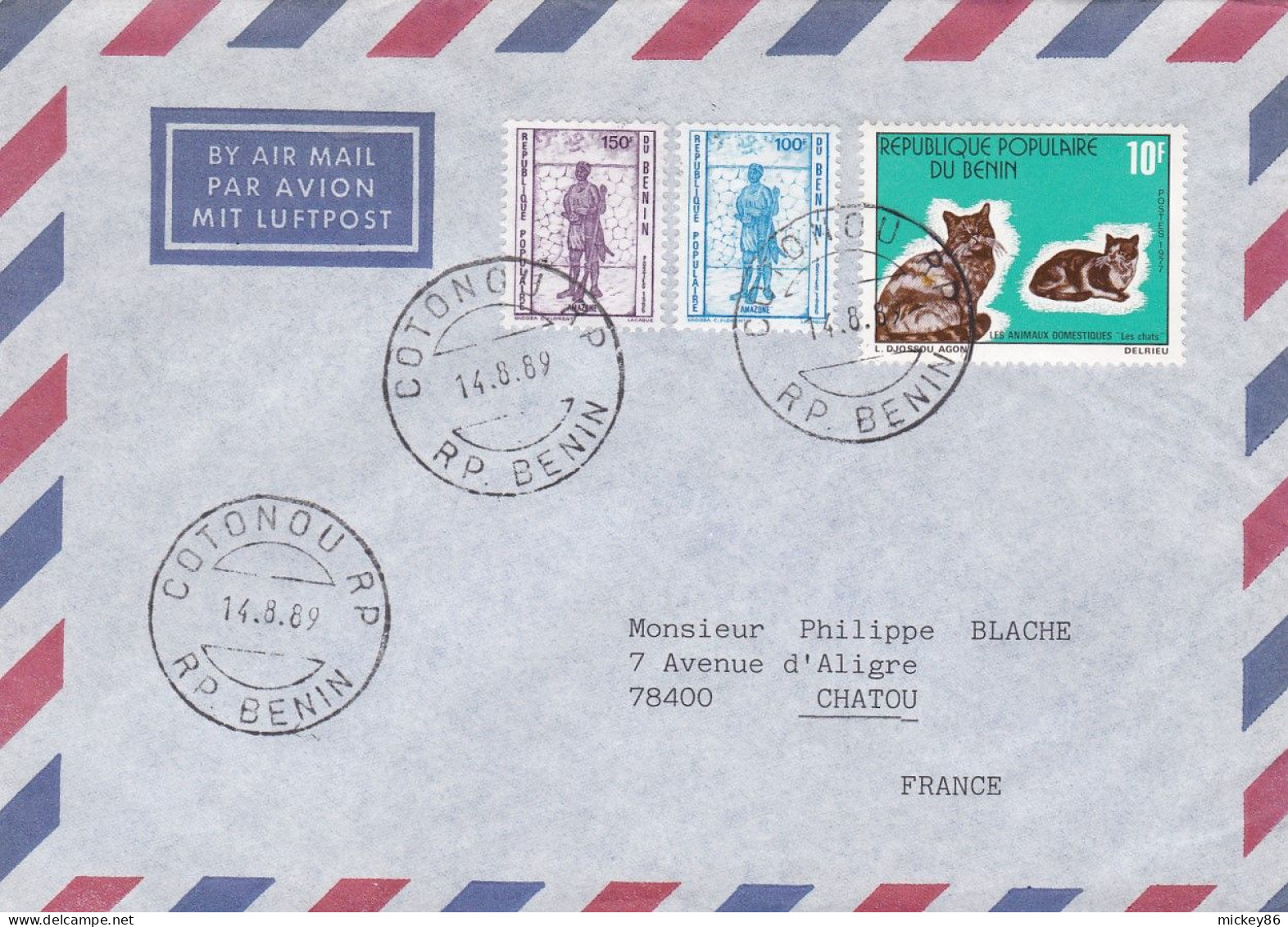 BENIN-1989--Lettre De COTONOU Pour CHATOU-78 (France)....timbres Divers Dont Chats  Sur Lettre.... Cachet - Benin - Dahomey (1960-...)