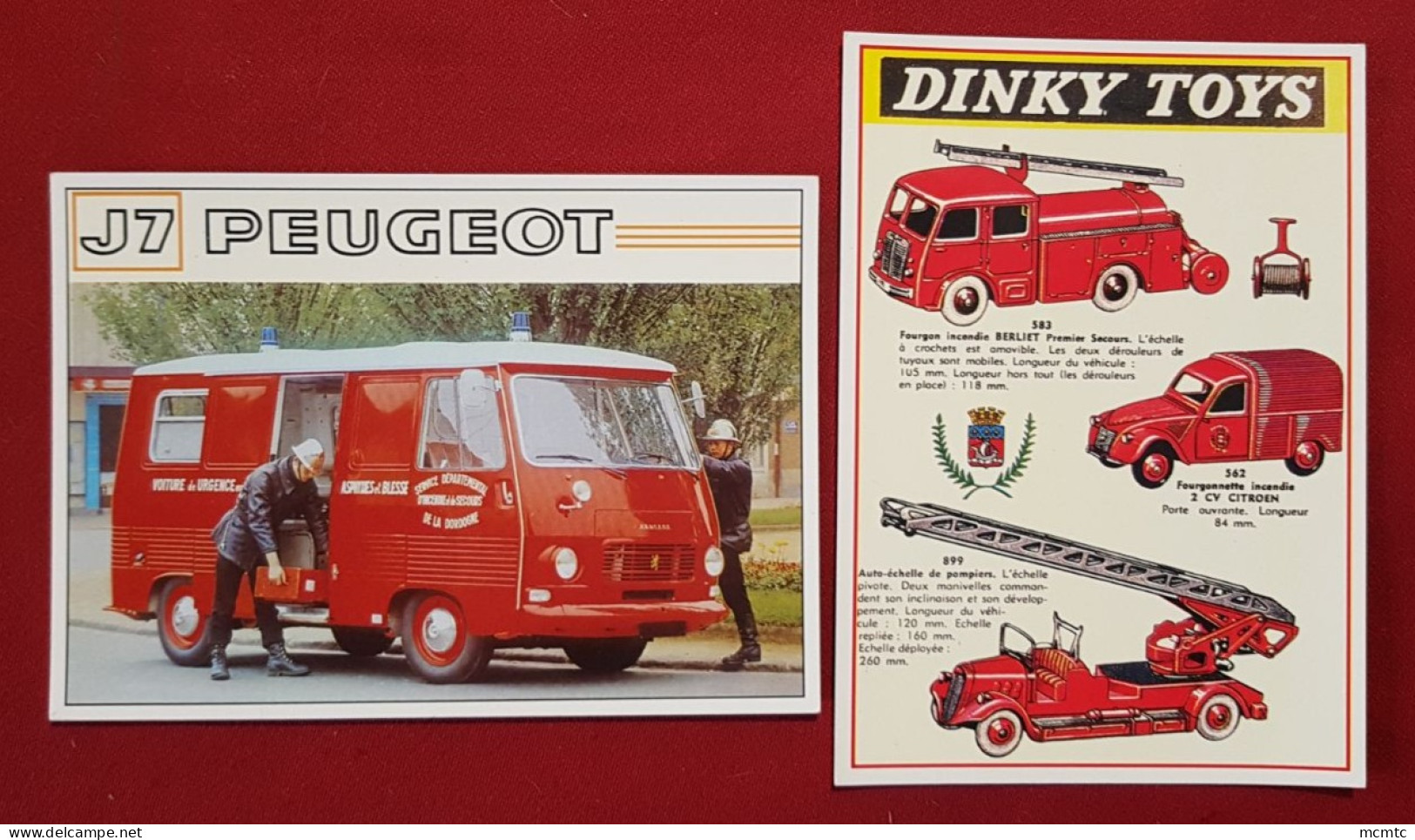 2 CPM - Pompiers - Jouets  Dinky Toys, Auto, Voiture Fourgonnette 2cv, Auto échelle , Camion Berliet   /  Peugeot J7 - Feuerwehr