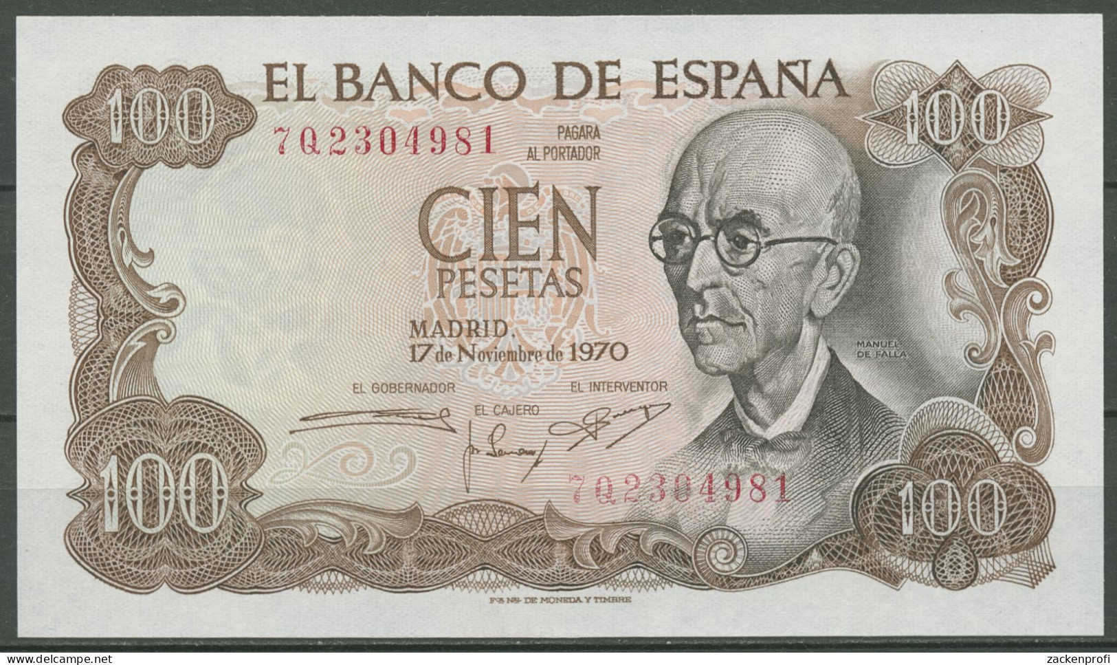 Spanien 100 Pesetas 1970, Manuel De Falla, KM 152 A, Kassenfrisch (K767) - 100 Peseten