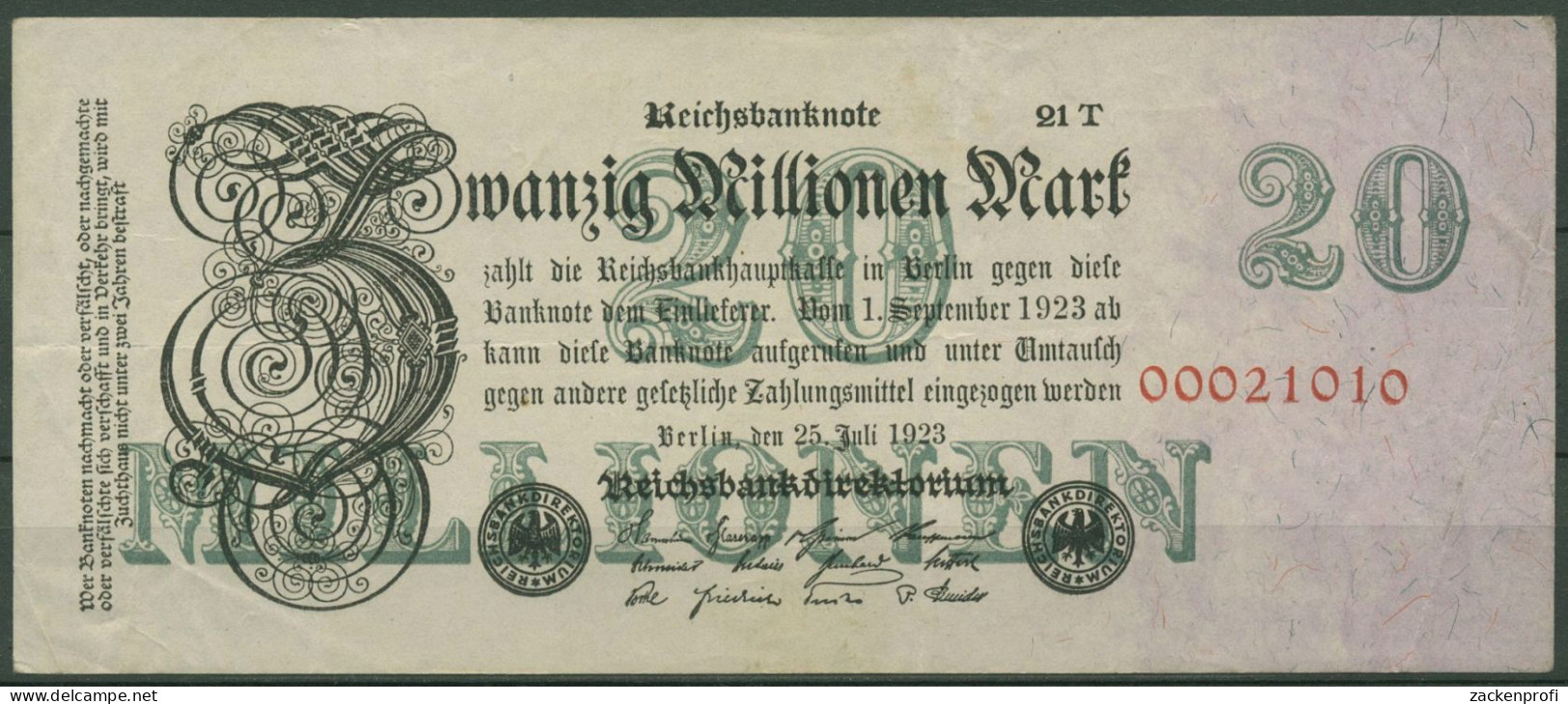 Dt. Reich 20 Millionen Mark 1923, DEU-108d FZ T, Gebraucht (K1301) - 20 Mio. Mark