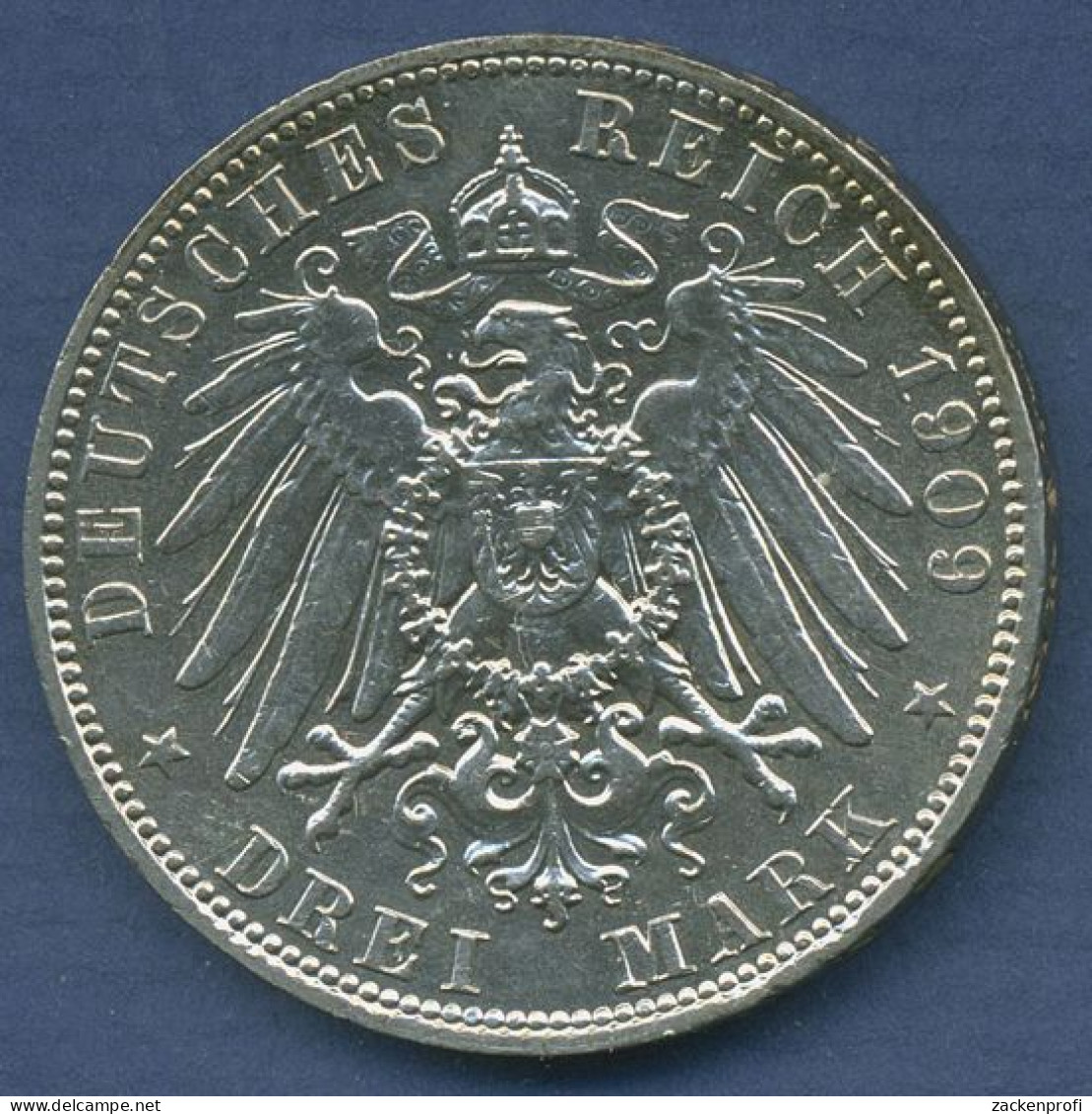 Sachsen 3 Mark 1909 E, Friedrich August III., J 135 Vz/vz+ (m6584) - 2, 3 & 5 Mark Silver