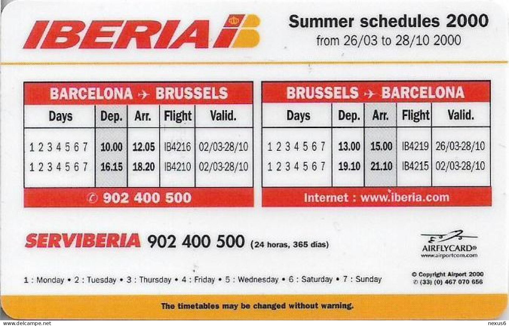 Spain - GlobalOne - Iberia Timetable, Summer Schedules 2000, No Expiry, Remote Mem. Mint - Autres & Non Classés