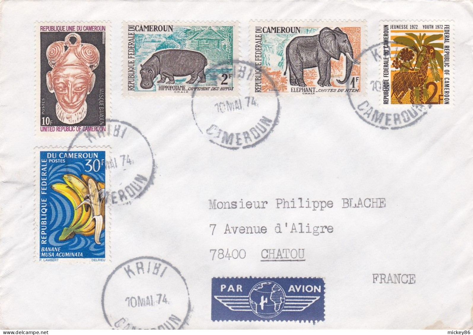 CAMEROUN -1974 -Lettre De KRIBI Pour CHATOU-78 (France).timbres Divers  Sur Lettre.....cachet - Camerún (1960-...)