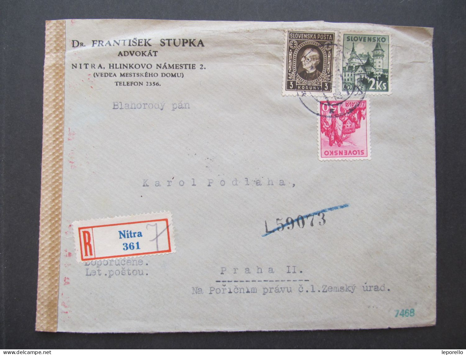 BRIEF Nitra - Praha Cenzura Slovensko 1942 JUDr Frant. Stupka  // P3656 - Lettres & Documents