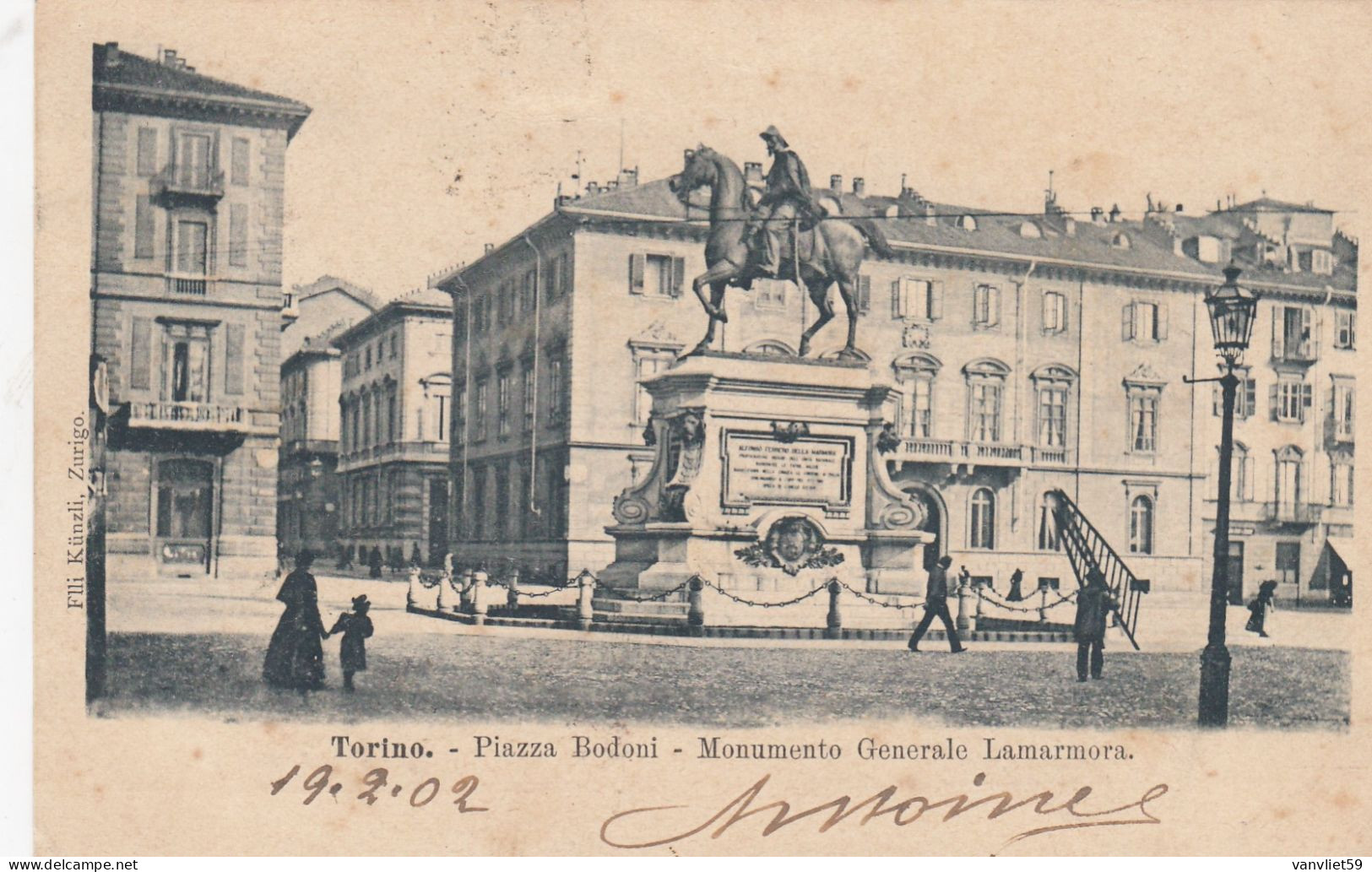TORINO-PIAZZA BODONI-MON. AL GENERALE LAMARMORA CARTOLINA VIAGGIATA IL 19-2-1902-RETRO INDIVISO - Places & Squares