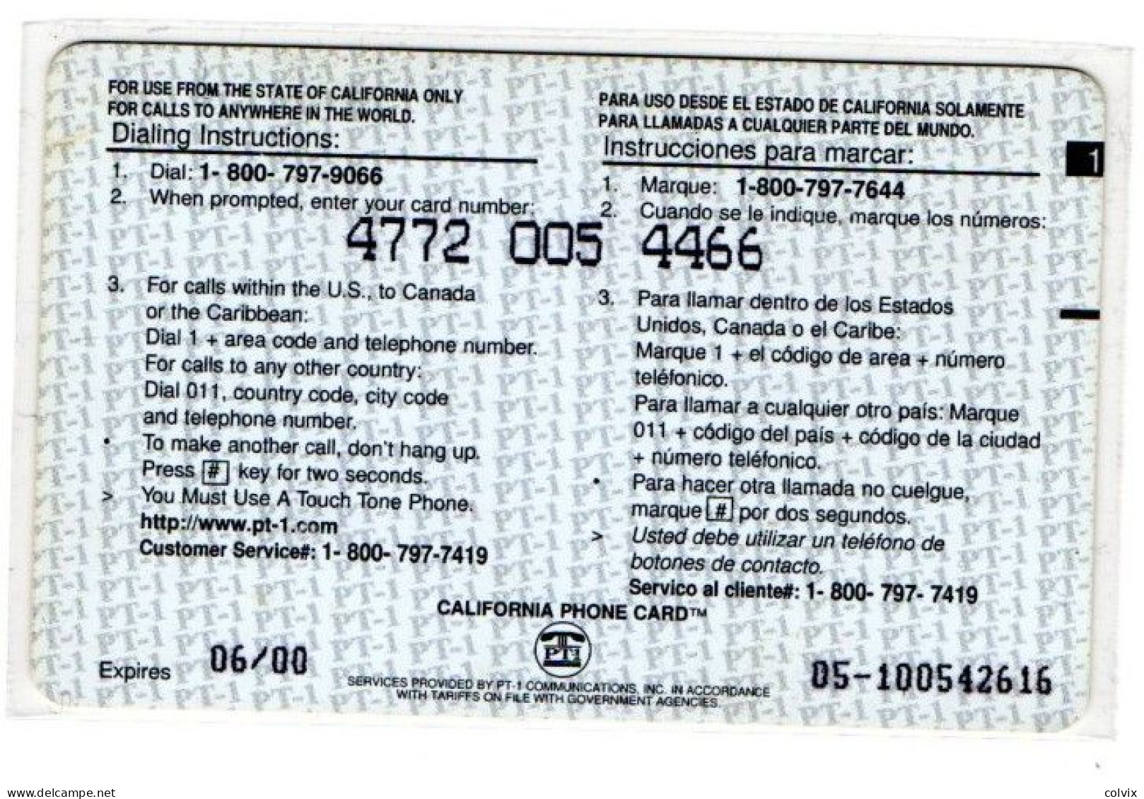 ETATS-UNIS PREPAID PT1 CALIFORNIA PHONE CARD 5$ DRAPEAUX Date 06/2000 - Sonstige & Ohne Zuordnung