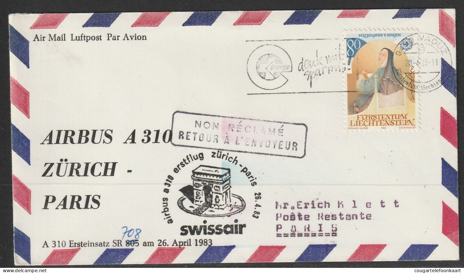 1983, Swissair, Erstflug, Liechtenstein - Paris France,    Auflage 20 Stück !!! - Luftpost