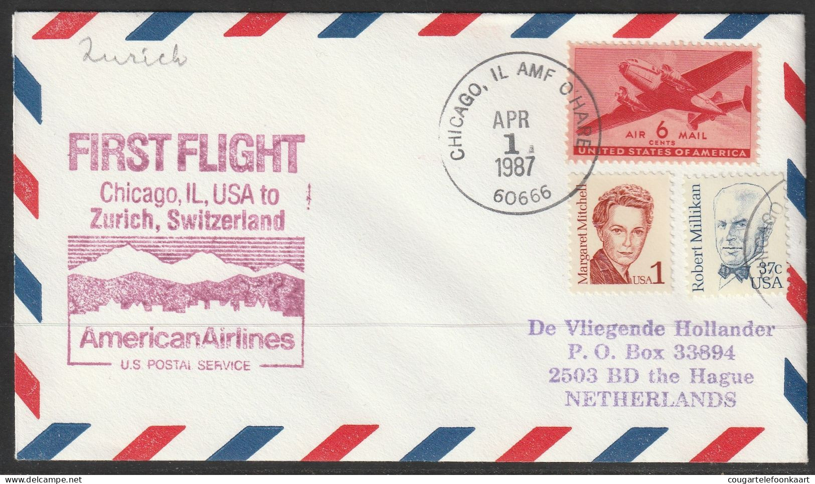 1987, American Airlines, First Flight Cover, Chicago AMF - Zürich - 3c. 1961-... Lettres