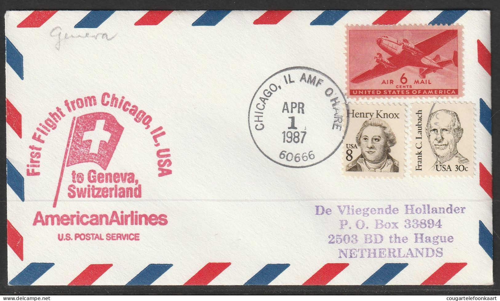 1987, American Airlines, First Flight Cover, Chicago AMF - Geneva - 3c. 1961-... Storia Postale
