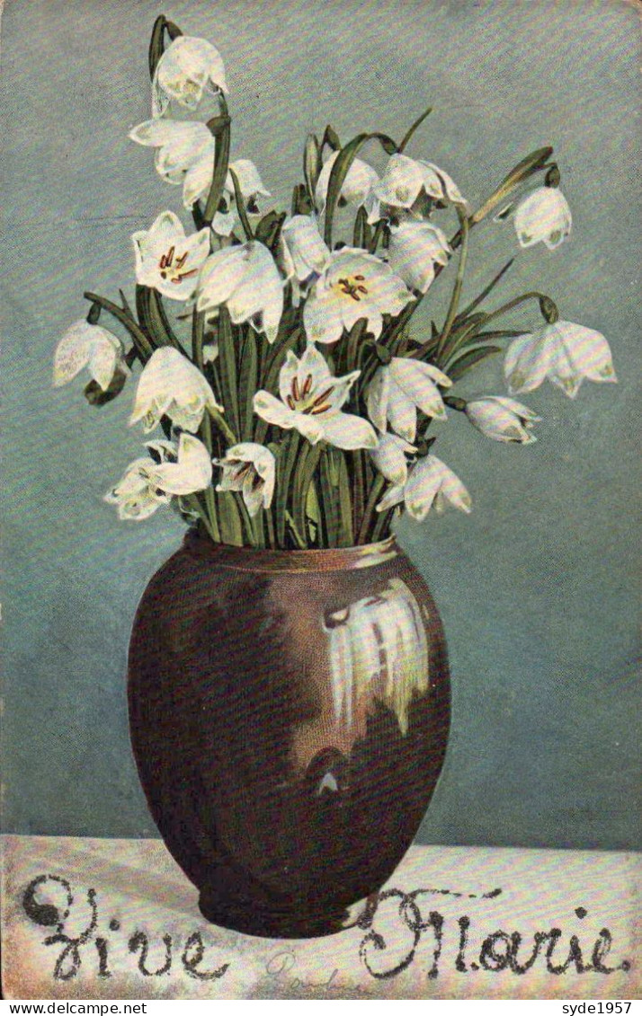 Vive Marie Pot Céramique Avec Bouquet De Fleur "Vive Marie" écrit En Paillette Dorée - Prénoms