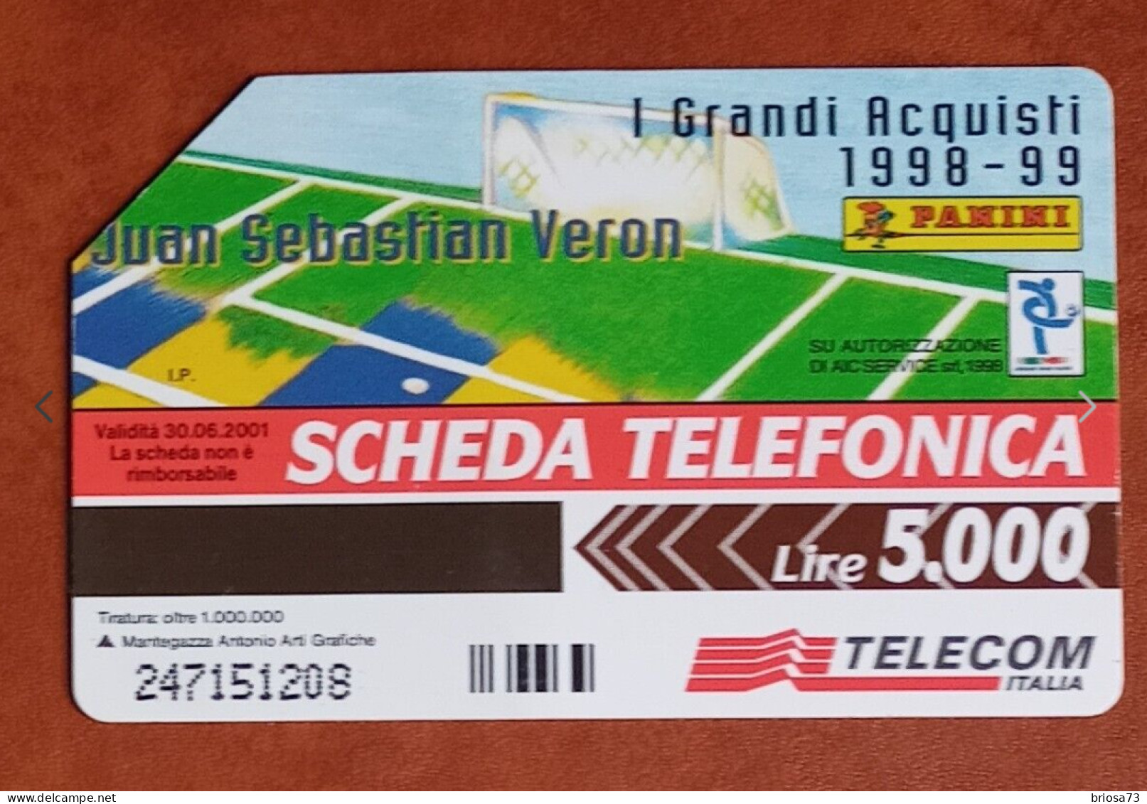 Carte Téléphonique Italie, Panini Calcio Sebastian Veron, Télécom, Utilisée, - Public Themes