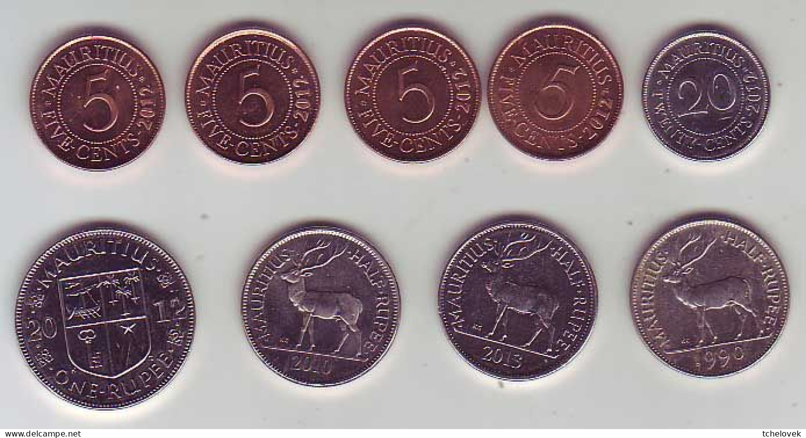(Monnaies). Ile Maurice Mauritius Half Rupee 0.50 R 2009 & 1 R 2009, 5 c 2005 et 2007 & lot n°2