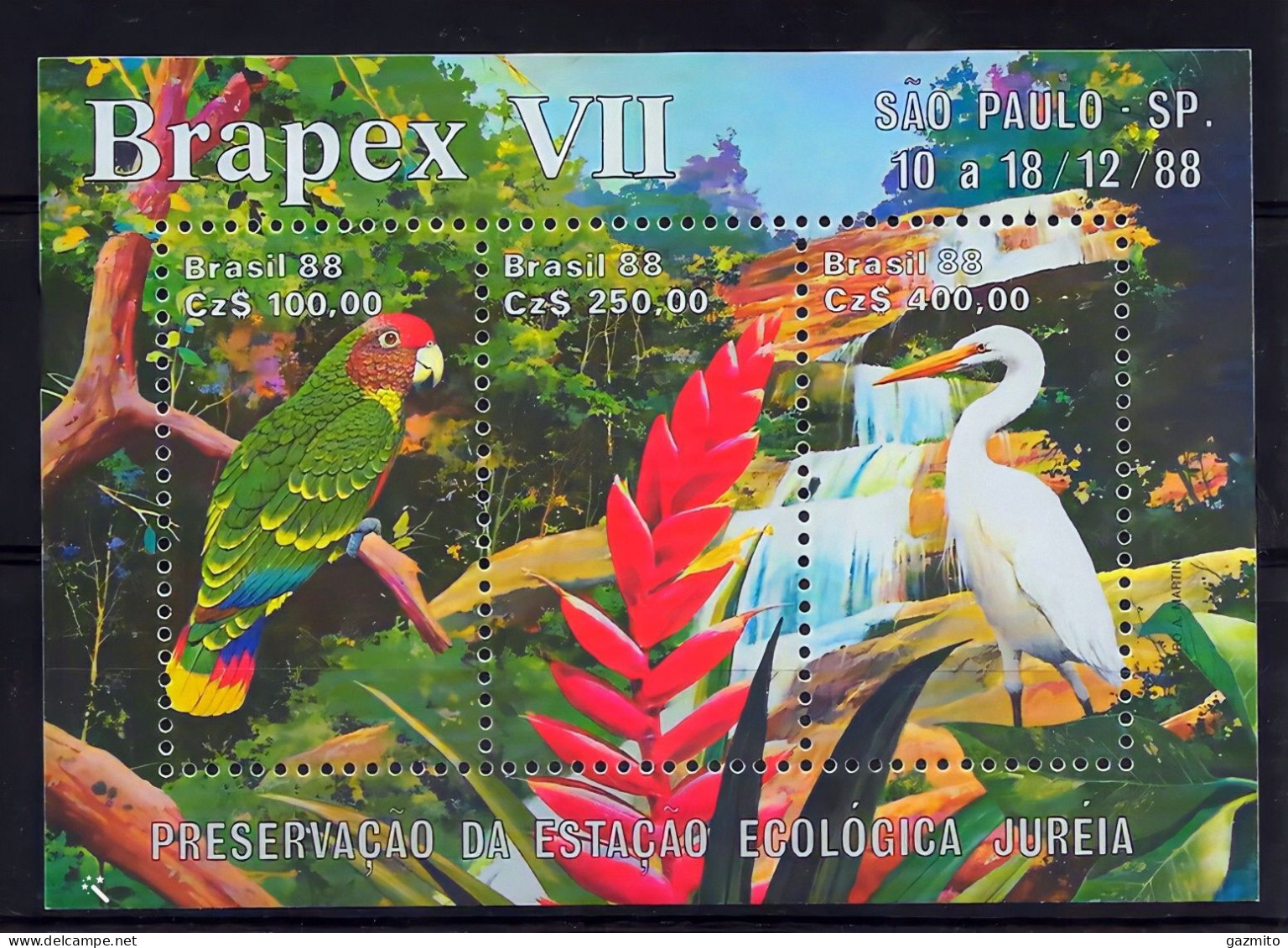 Brasile 1988, Ecologia, Parrots, Enron, Flower, Block - Picotenazas & Aves Zancudas