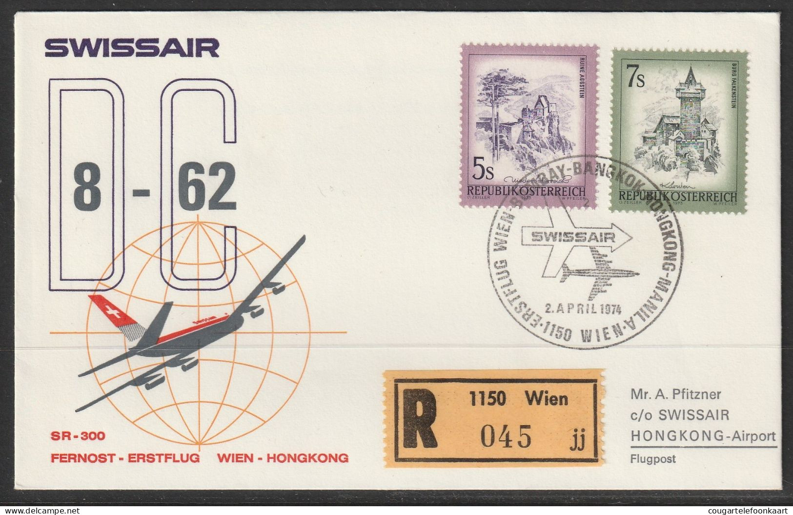 1974, Swissair, Erstflug, Wien - Hongkong - Erst- U. Sonderflugbriefe