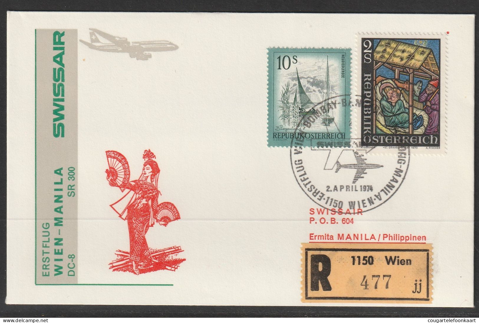 1974, Swissair, Erstflug, Wien - Manila Philippines - Erst- U. Sonderflugbriefe