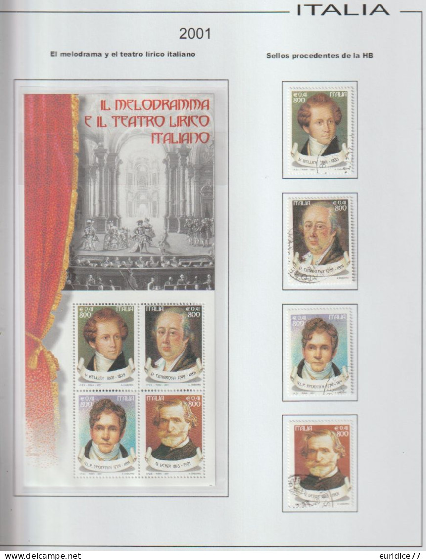 Italia 2001 - Coleccion De Sellos Usados En Hojas De Album 56 Sellos + 3 Hb Mnh - Collections