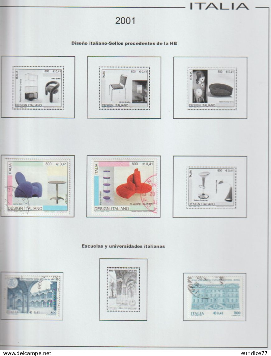 Italia 2001 - Coleccion de sellos usados en hojas de album 56 sellos + 3 hb mnh