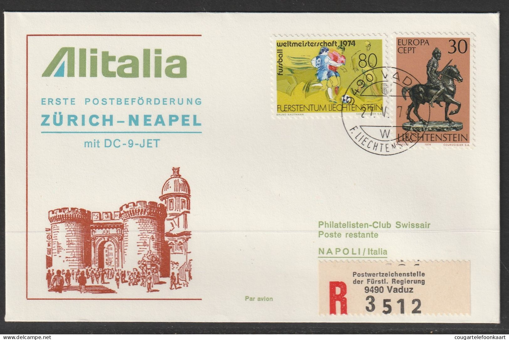 1974, Alitalia, Erstflug, Liechtenstein - Napoli Neapel - Poste Aérienne