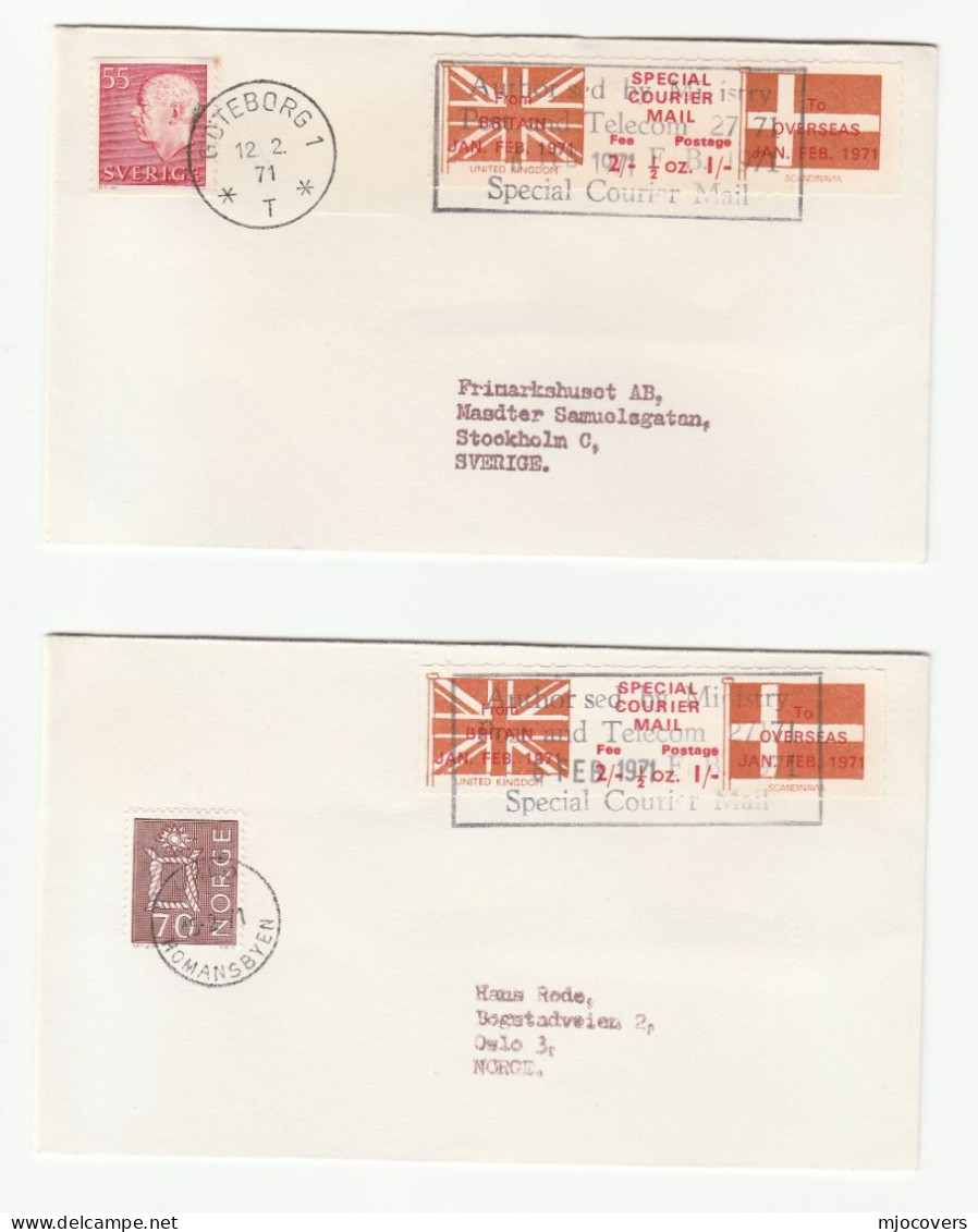 2 Cover 1971 GB POSTAL STRIKE Diff NORWAY  SWEDEN COURIER MAIL LABEL COVERS - Cinderelas
