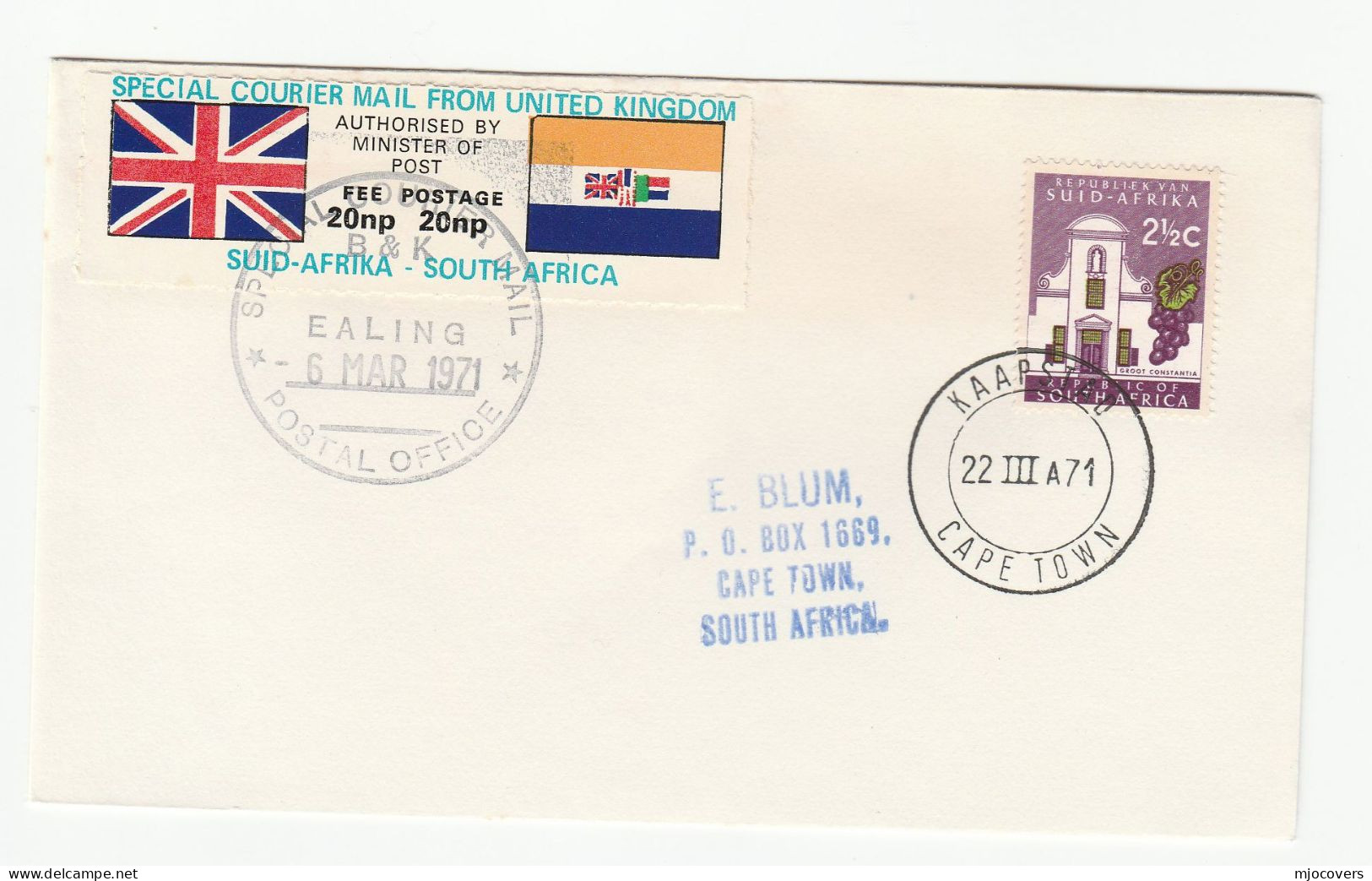 Cover 1971 GB POSTAL STRIKE  South AFRICA COURIER MAIL LABEL - Cinderelas