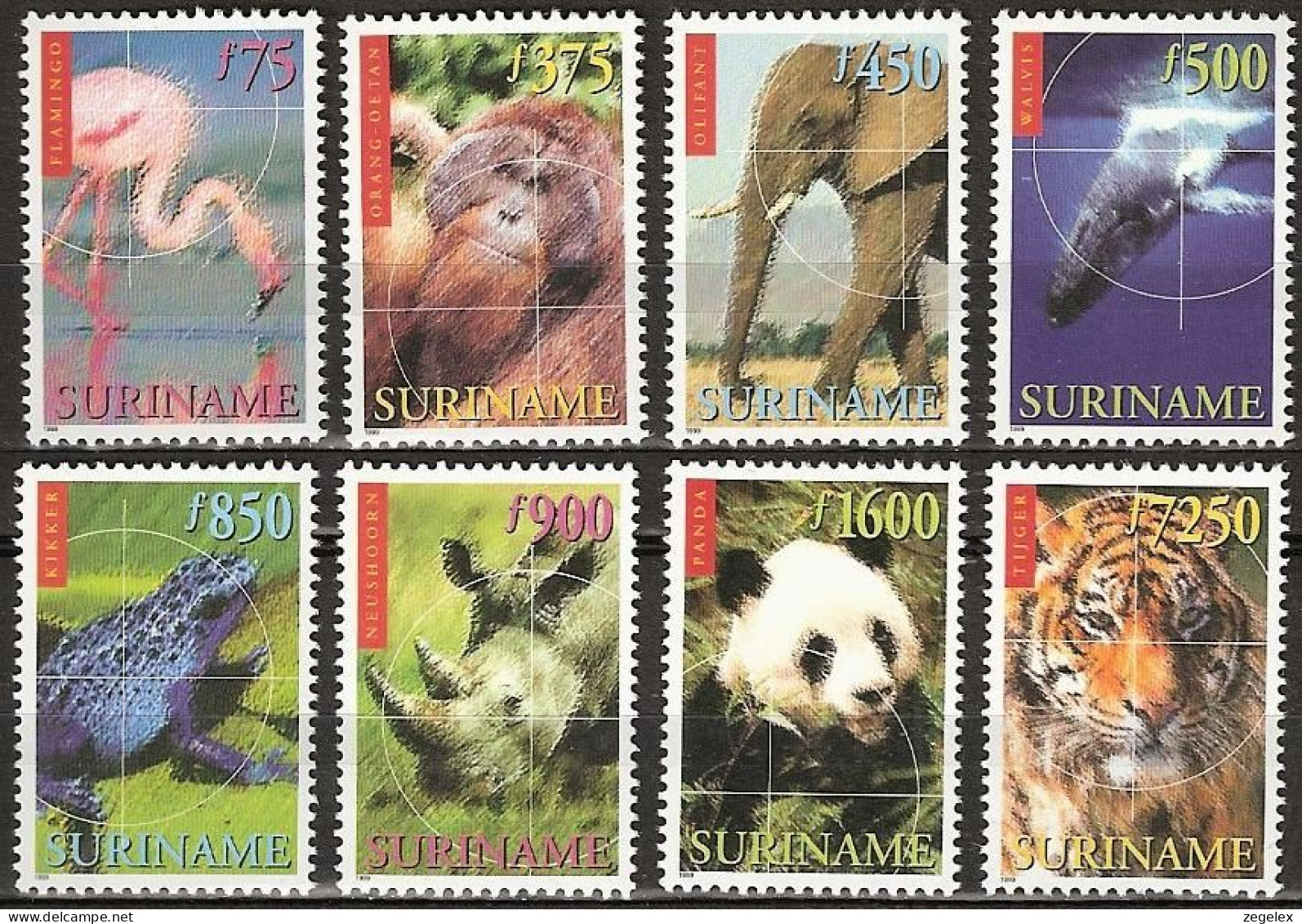 Suriname 1999 Dieren, Tijger, Aap Olifant, Kikker, MNH**,animals, Tiger, Flamingo, Monkey, Elephant, Panda - Surinam