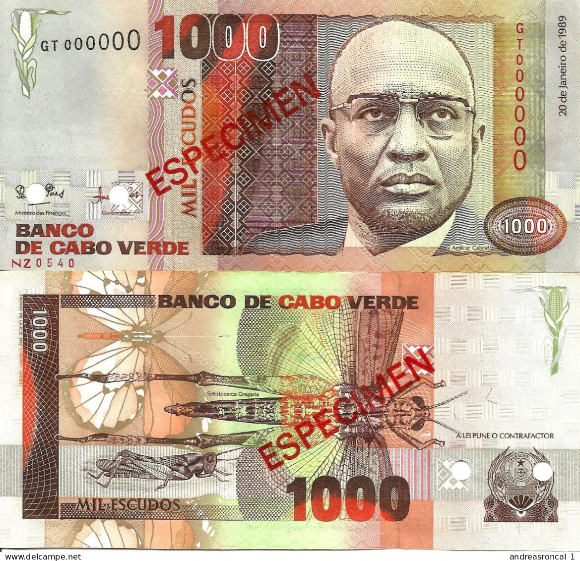 Cape Verde / Cabo Verde 1000 Escudos 1989 Specimen P-60s UNC - Capo Verde