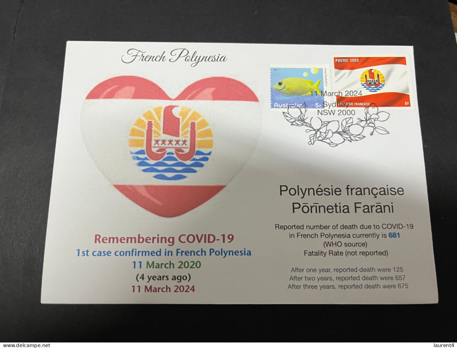 11-3-2024 (2 Y 43) COVID-19 4th Anniversary - French Polynesia - 10 March 2024 (with French Polynesia Flag Stamp) - Disease