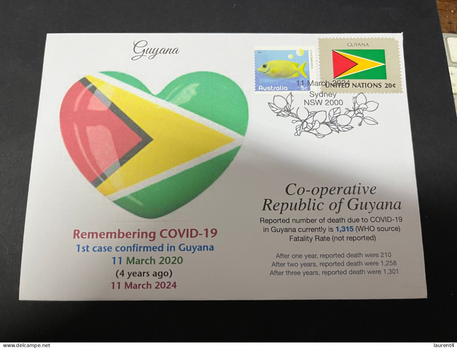 11-3-2024 (2 Y 43) COVID-19 4th Anniversary - Guyana - 10 March 2024 (with Guyana UN Flag Stamp) - Malattie