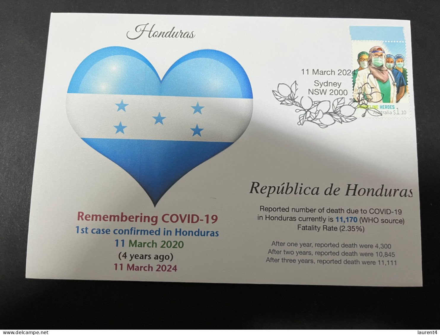11-3-2024 (2 Y 43) COVID-19 4th Anniversary - Honduras - 10 March 2024 (with OZ COVID-19 Doctors Stamp) - Malattie