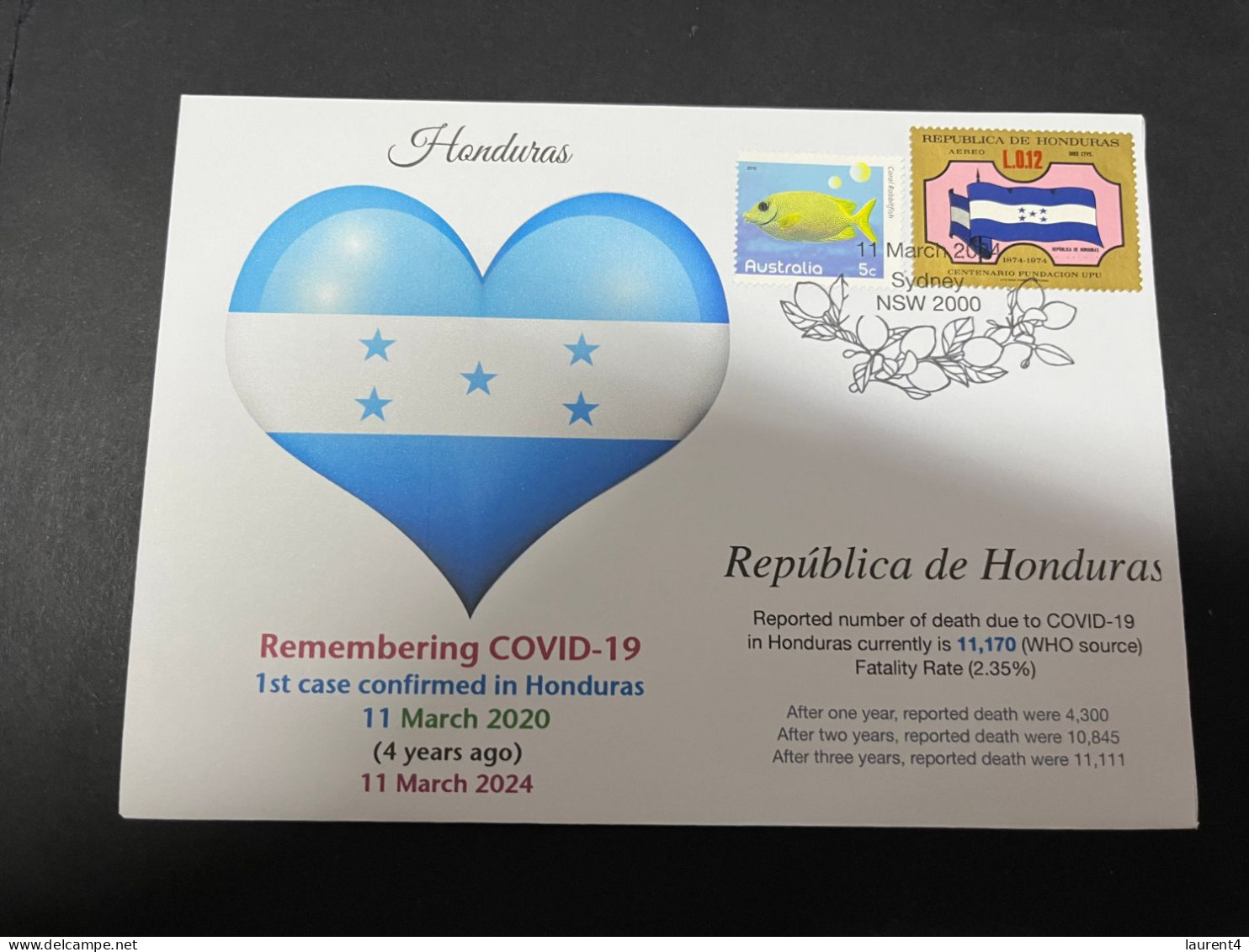 11-3-2024 (2 Y 43) COVID-19 4th Anniversary - Honduras - 10 March 2024 (with Honduras Football Flag Stamp) - Médecine