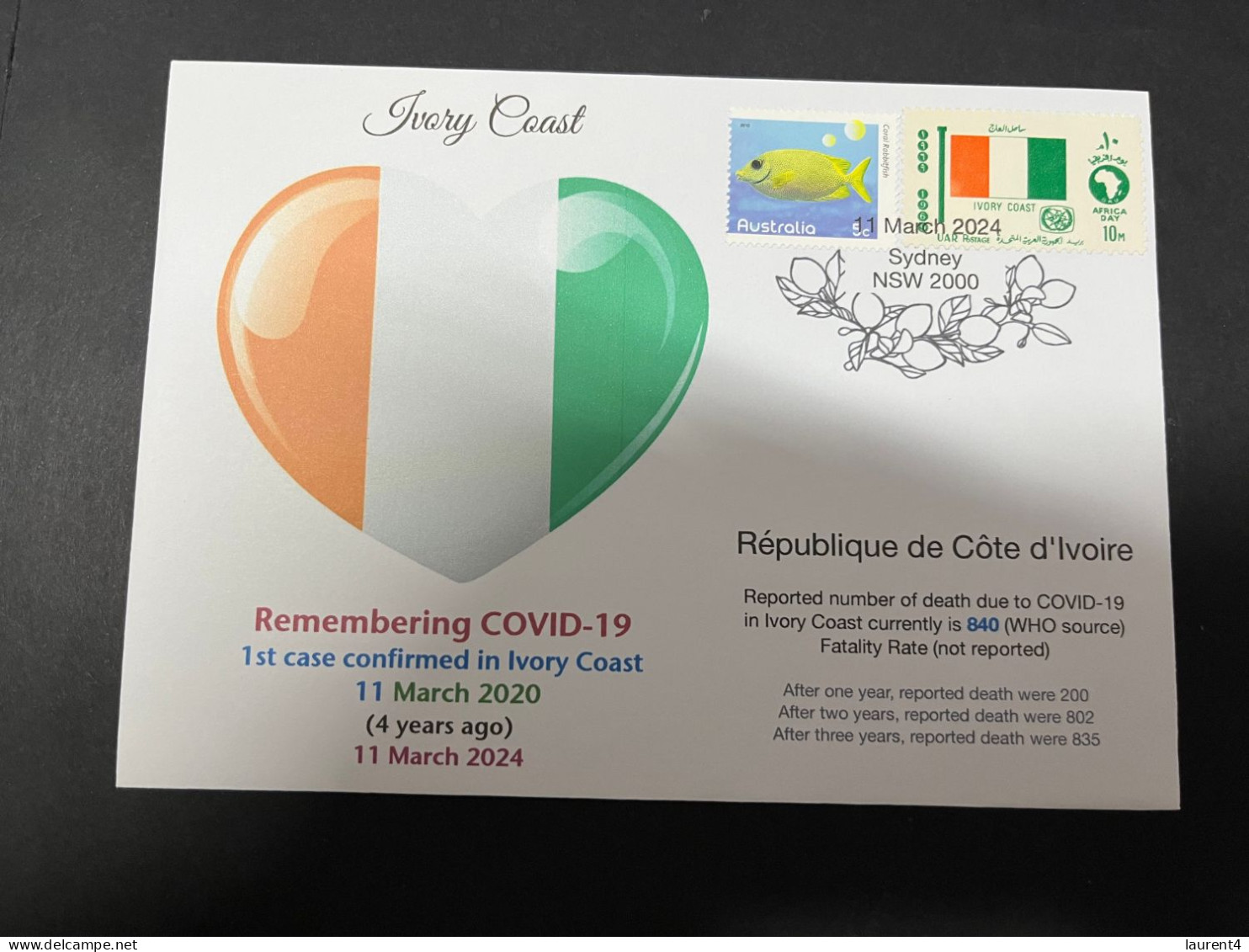 11-3-2024 (2 Y 43) COVID-19 4th Anniversary - Ivory Coast - 10 March 2024 (with Ivory Coast Football Flag Stamp) - Medicine