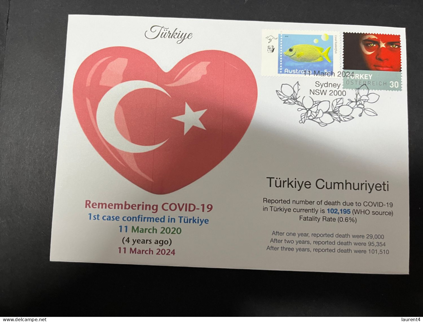 11-3-2024 (2 Y 43) COVID-19 4th Anniversary - Turkey (Türkiye) - 10 March 2024 (with Turkey Football Flag Stamp) - Médecine