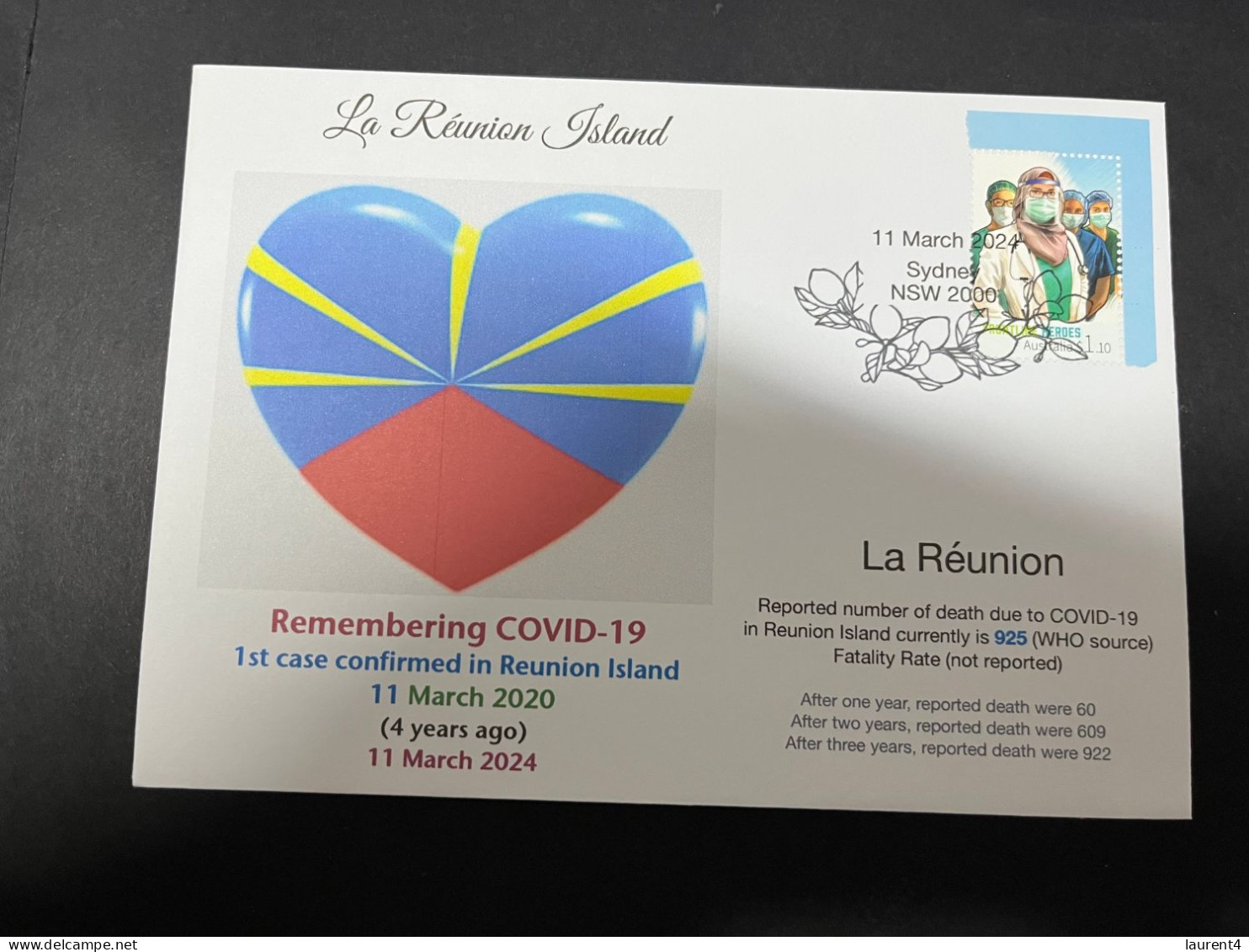 11-3-2024 (2 Y 43) COVID-19 4th Anniversary - La Réunion (France) - 10 March 2024 (with OZ COVID-19 Stamp) - Disease