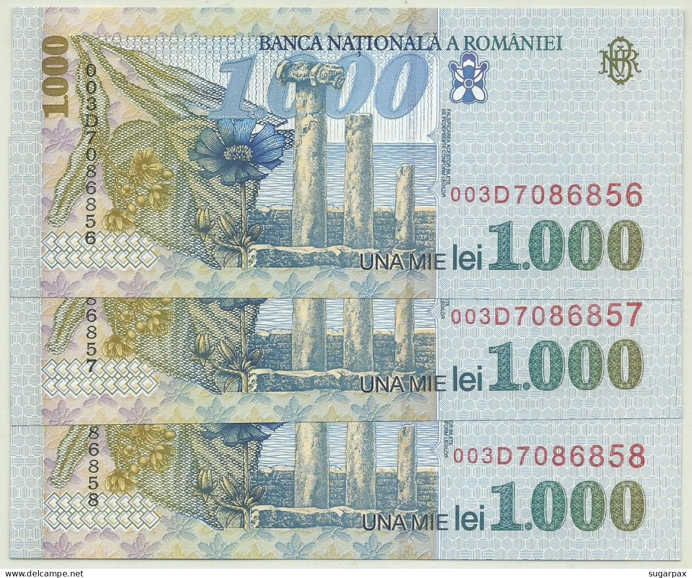 ROMANIA - 3 X 1.000 Lei ( Consecutive ) - 1998 - Pick 106 - Unc. - Série 003D - Wmk: Large, Sloping BNR - 1000 - Roemenië