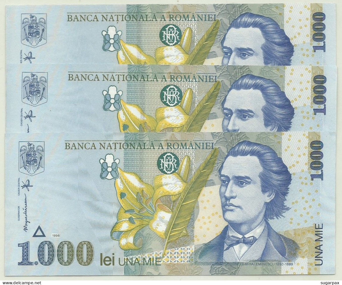 ROMANIA - 3 X 1.000 Lei ( Consecutive ) - 1998 - Pick 106 - Unc. - Série 003D - Wmk: Large, Sloping BNR - 1000 - Rumänien