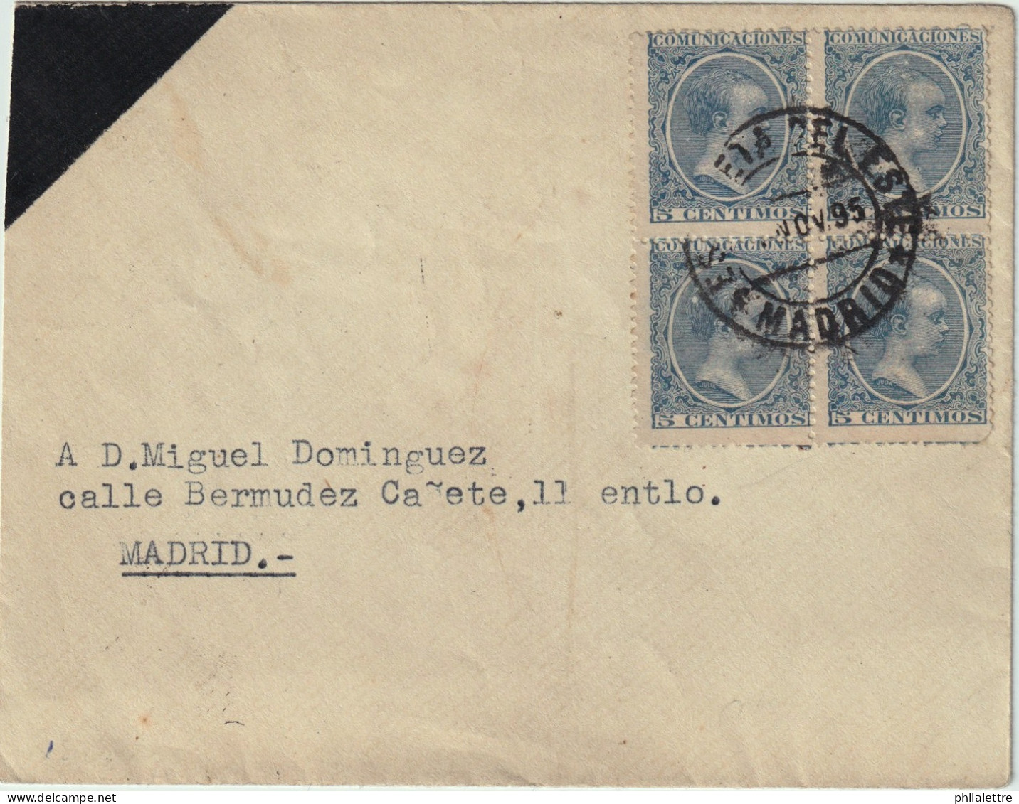 ESPAGNE - ESPAÑA - 1895 Ed.215 5c Azul Bloque De 4 - Sobre Carta De Luto En El Correo Interior De Madrid - Covers & Documents