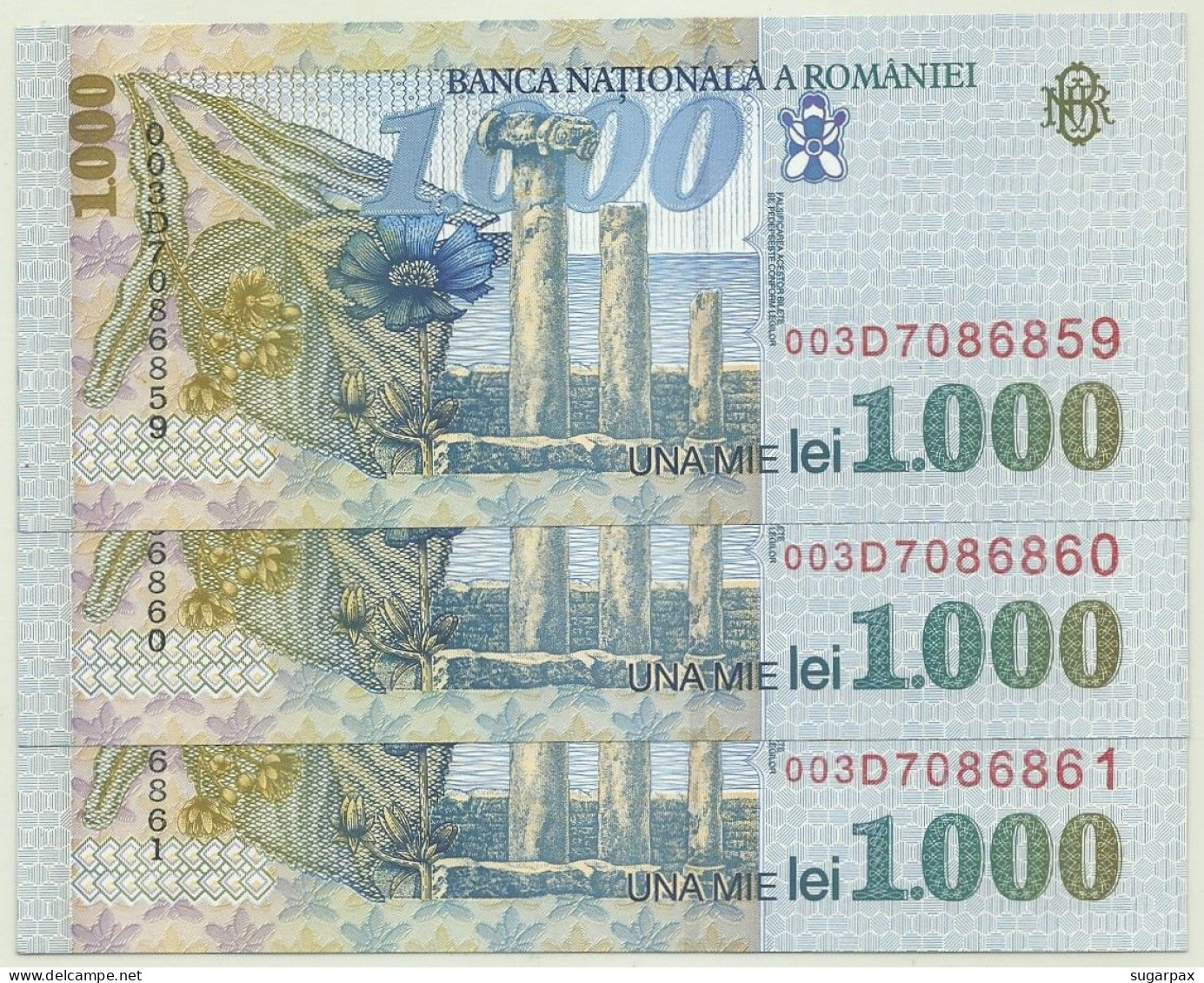 ROMANIA - 3 X 1.000 Lei ( Consecutive ) - 1998 - Pick 106 - Unc. - Série 003D - Wmk: Large, Sloping BNR - 1000 - Romania